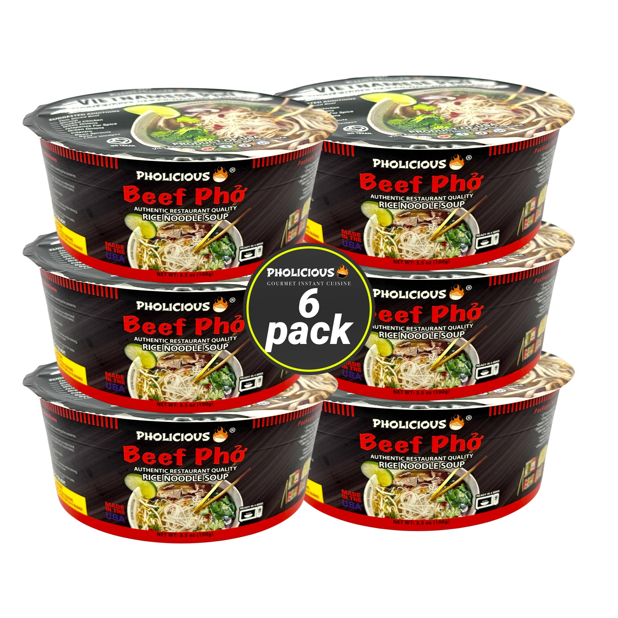 PhoLicious Instant Beef Pho in 2 Pack & 4 Pack Noodles Bowl Bundle- Authentic Vietnamese Rice Noodle Soup Kit with Spices & Broth Mix, Ramen Alternative, Quick Microwave Meal