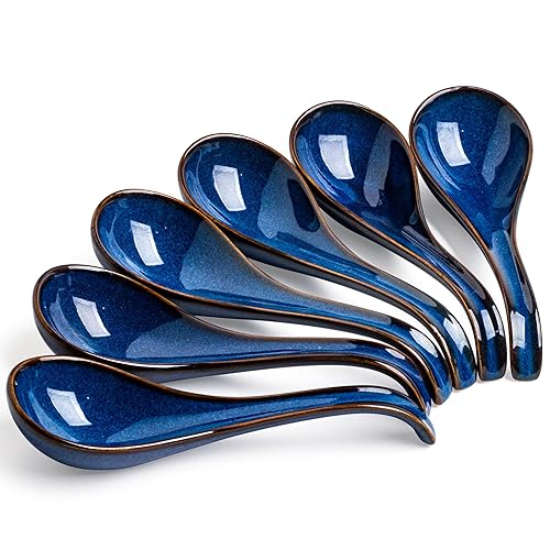 LYEOBOH Soup Spoons set of 6, Chinese Deep Soup Spoon - 6.5 inch Ceramic Korean Tablespoons for Ramen, Rice, Noodle, Asian Spoons with Deep Hook Design, Vintage Blue - Vintage Blue