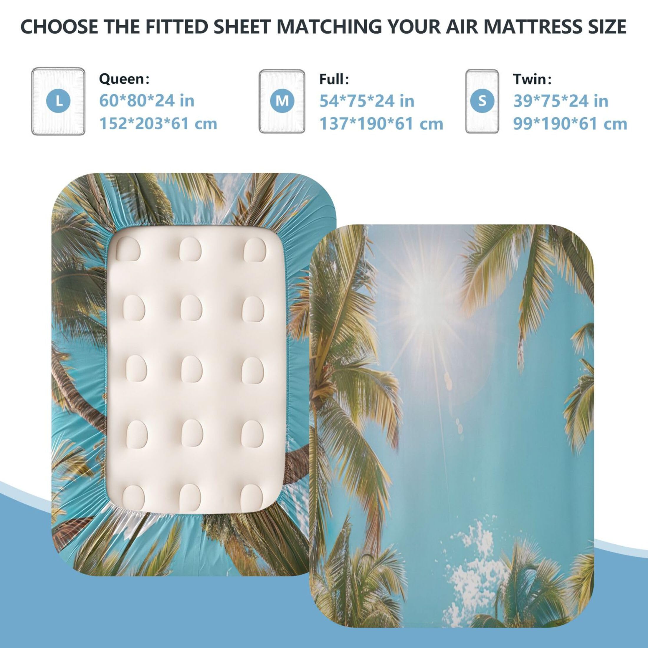 Palm Trees - Sábana bajera ajustable individual para colchón de aire, bolsillo extra profundo de 24 pulgadas, funda suave y transpirable con apertura de válvula de cremallera para cama de