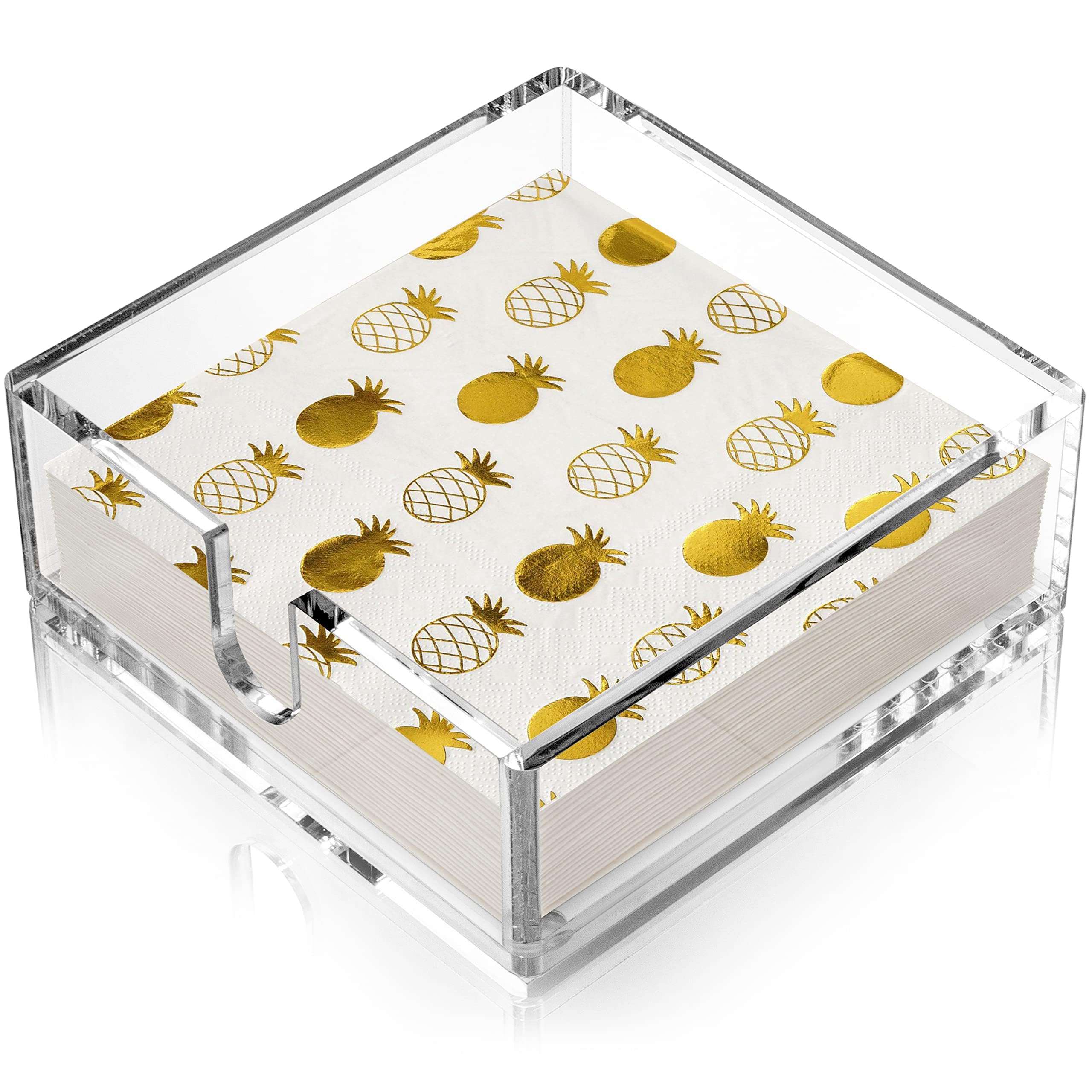 Clear Acrylic Luncheon Napkin Holder - With Rounded Corners and Hygienic Non-Slip Pads, made Deeper to reduce refills 7”x7”x2.5”- Inside, Lucite Napkin Holder for Table to Tidy and Present Napkins