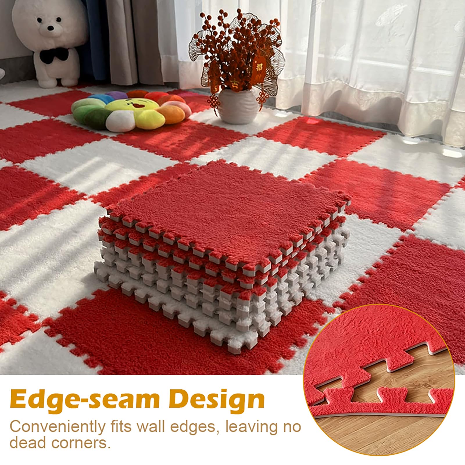 12 Pezzi Tappeto Puzzle in EVA, Tappeti Puzzle in Peluche Interconnessi, 30x30cm Tappeto Gioco Antiscivolo per Camera da Letto, Soggiorno e Cameretta Bambini (Rosso)