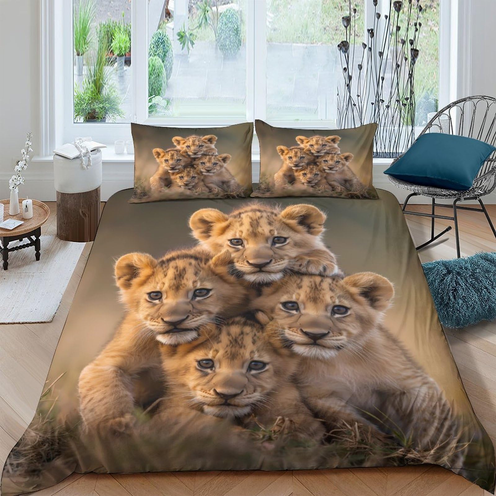 3D Printed Lion Cub Duvet Cover Microfiber Soft Breathable Animal Family Bedding Set with 2 Pillowcases for Bedroom Decor Single（135x200cm）