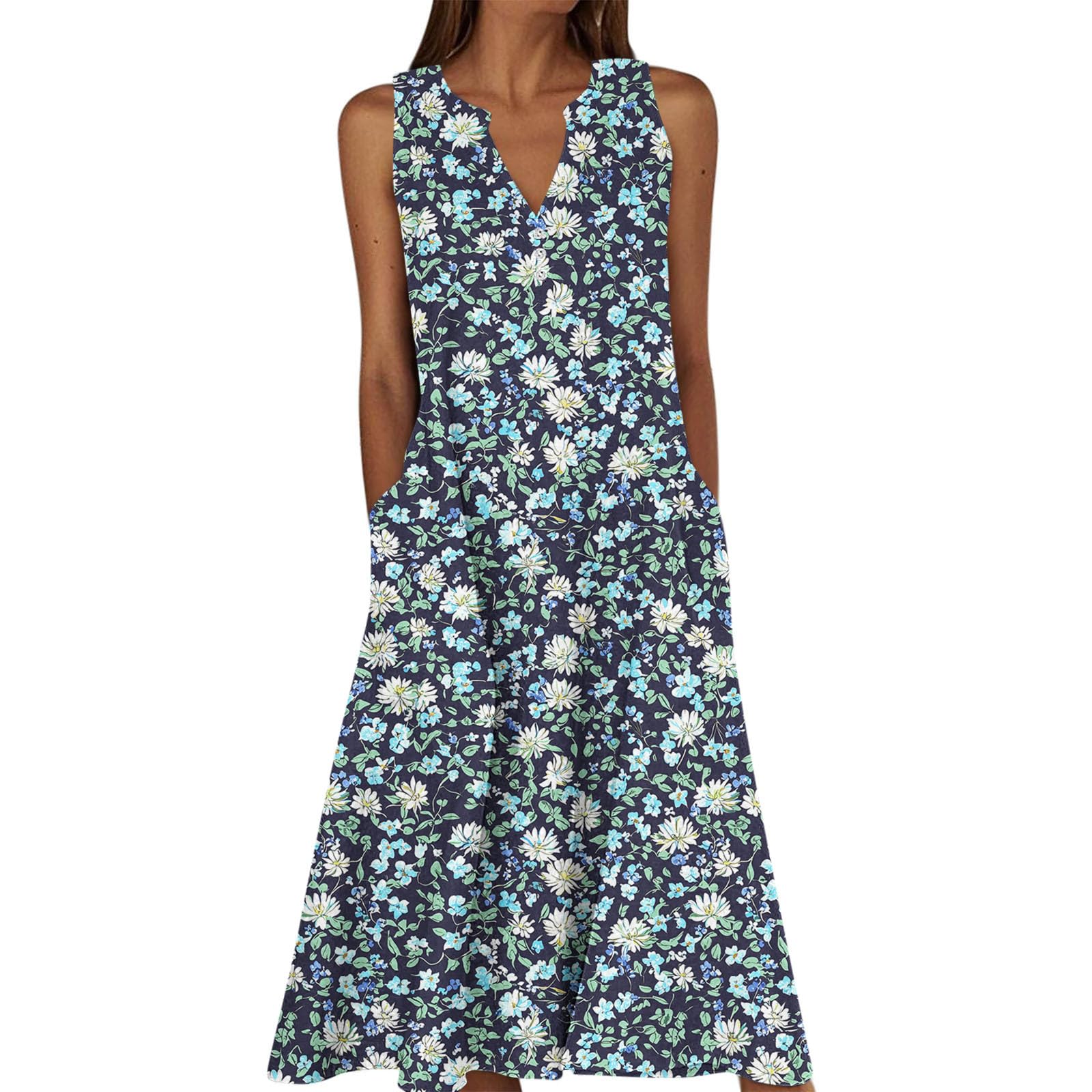 Summer Floral Print Midi Dresses for Women Boho Sleeveless V Neck Tank Dress Beach Vacation Sundress with Pockets — view 17