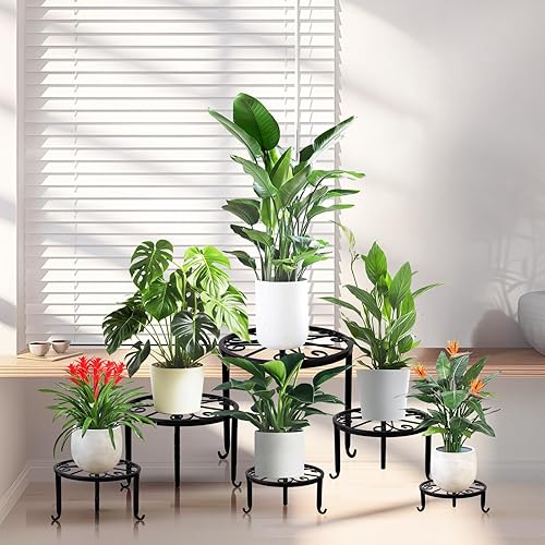Miniatura 2 de Paquete de 6 soportes de metal para plantas, resistentes para múltiples plantas, estante para macetas antioxidantes al aire libre, soporte redondo