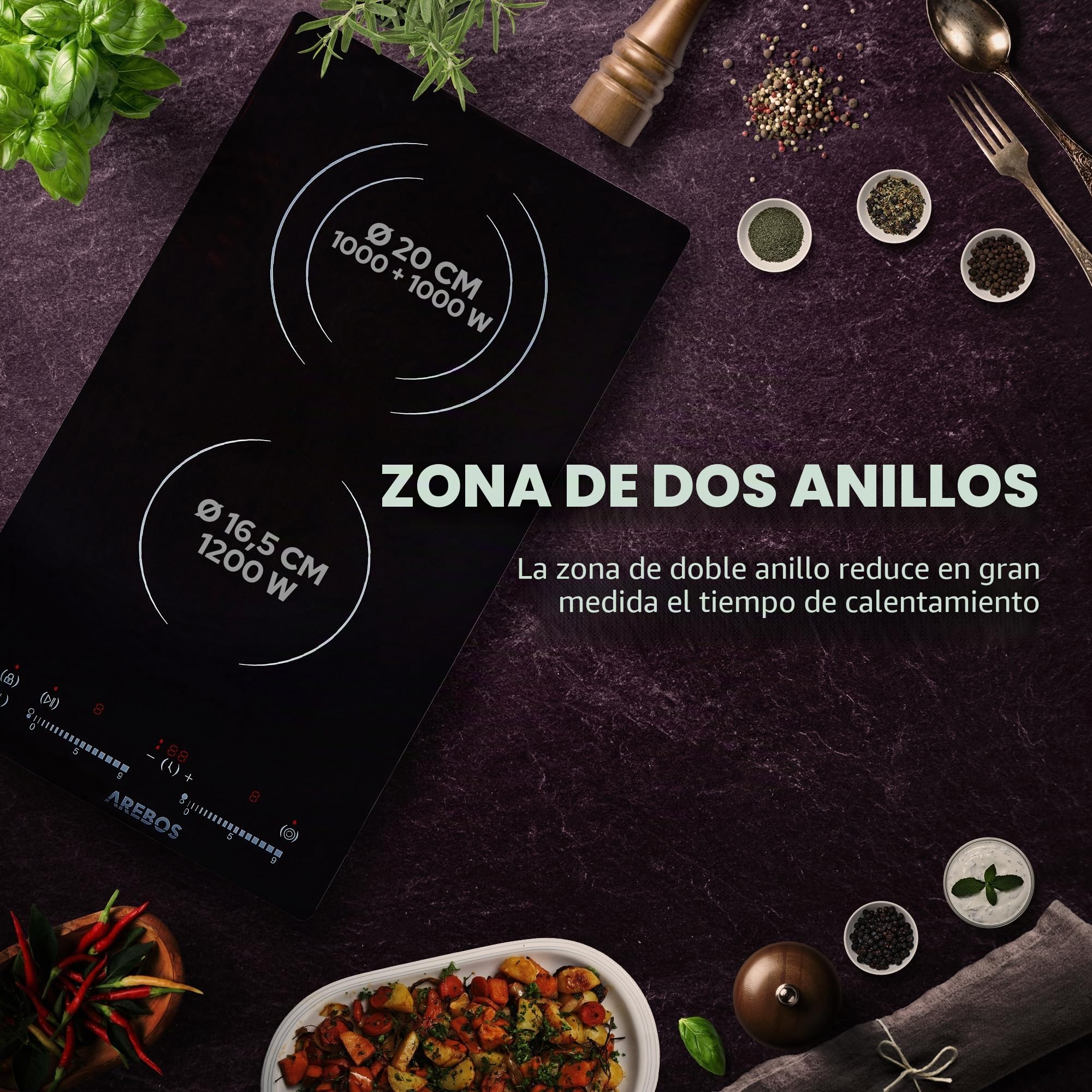 Arebos Placa Vitrocerámica | 3000 W | 2 Fuegos | 30 cm | Controles táctiles del Sensor | Vidrio y cerámica | Vitroceramica Empotrable Con Seguro para Niños | Apagado automático | Negro