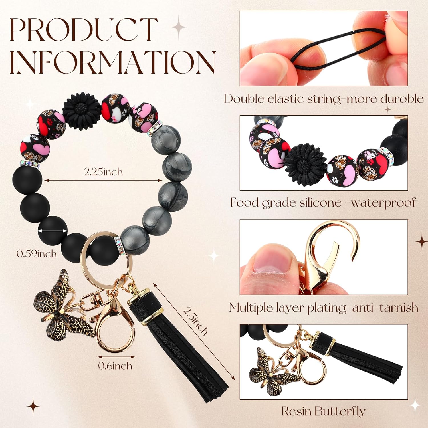 Cute Silicone Beaded Keychain,Key Chain Holder for Car Keys Women Girl,Daisy Silicone Key Wristlet Resin Butterfly - Image 2