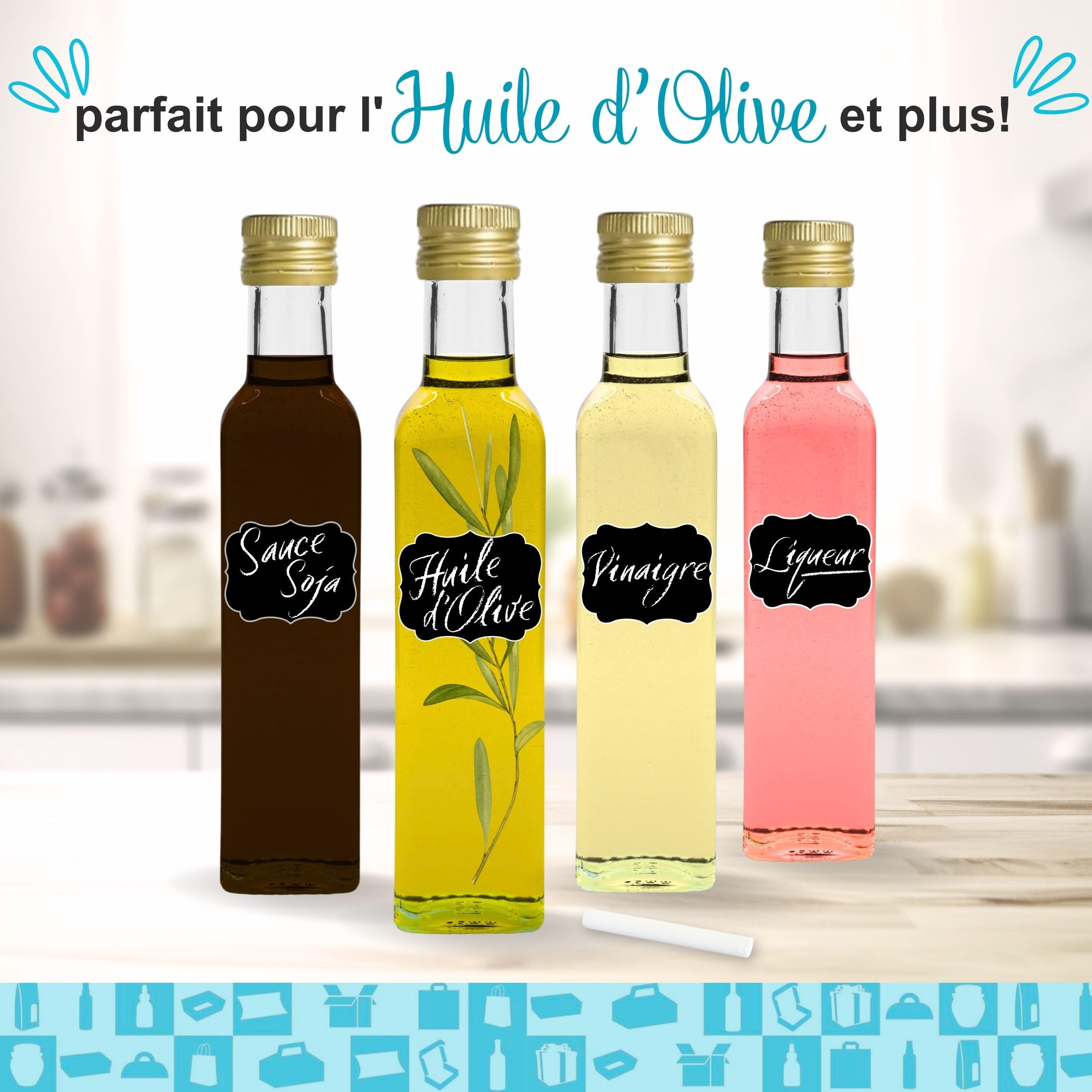 Espirito Rebelde Lot de 20 bouteilles carrées 250 ml avec couvercles Bouteilles d'huile et de vinaigre