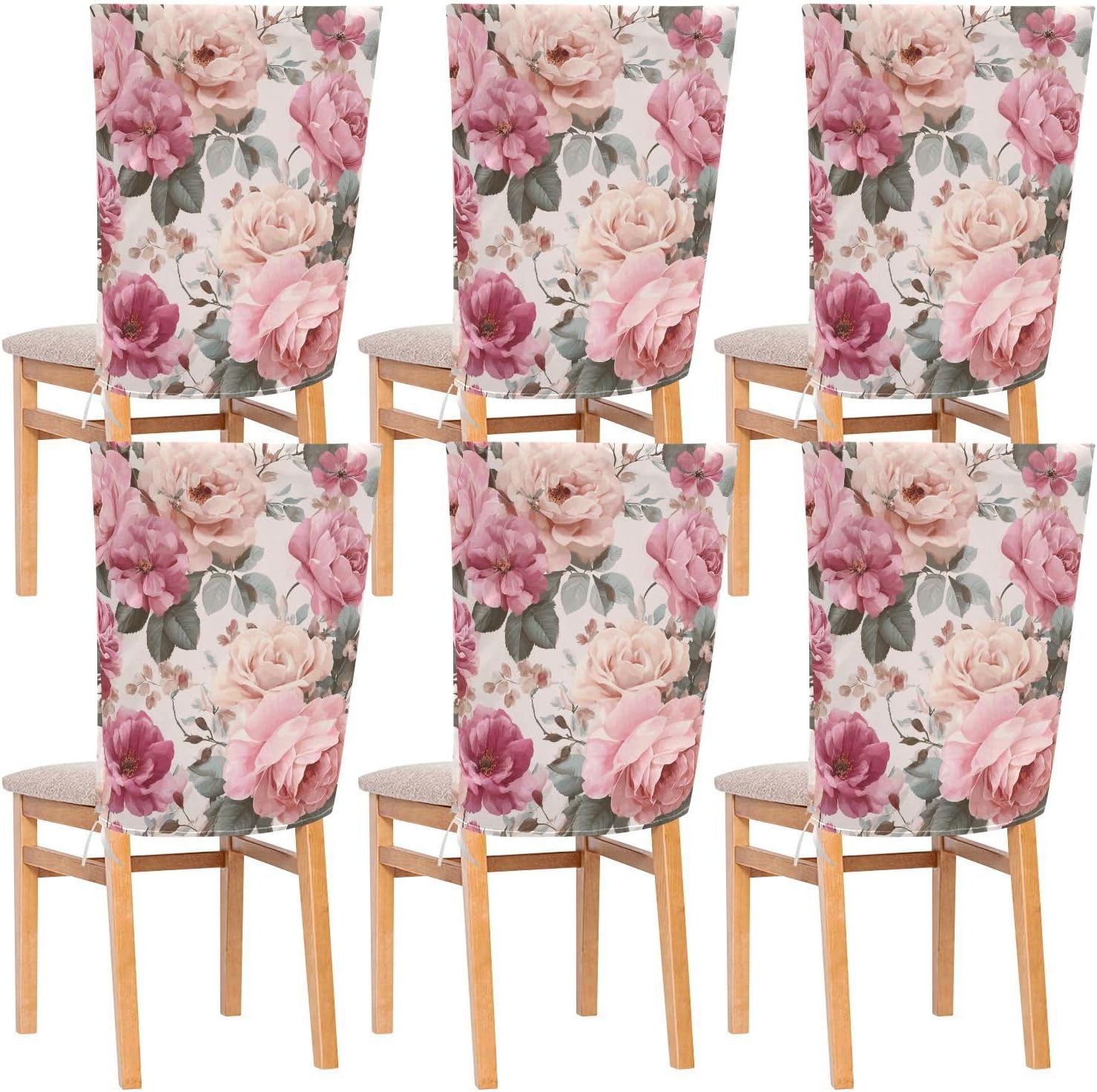 ALAZA Pink Floral Roses Chair Back Cover Set of 6, Washable Reusable Removable Chair Slipcovers Decorative Chair Cover for Home Kitchen Wedding Party