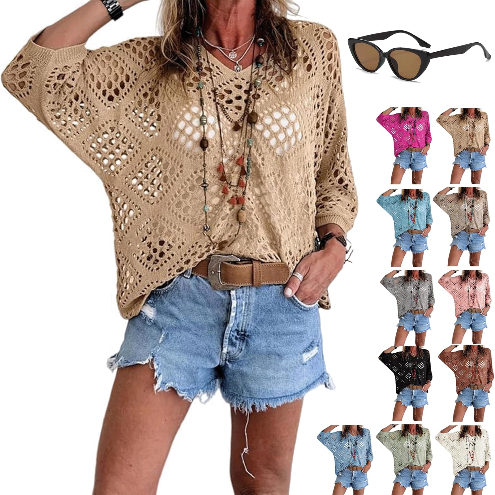 Llelemamo Women's A Bohemian-Inspired Beige Crochet Sweater Casual Crochet Hollow Out Knit Tops Beach Vacation Swimsuit Coverup (,S)