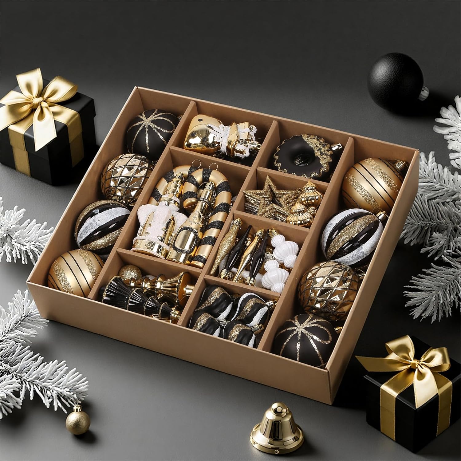 SHareconn 70pcs Christmas Balls Ornaments Set, Shatterproof Plastic Baubles for Xmas Tree Holiday Wedding Party Decorations with Hanging Strings, Black, White and Gold SHareconn 70pcs Christmas Balls Ornaments Set, Shatterproof Plastic Baubles for Xmas Tree Holiday Wedding Party Decorations with Hanging Strings, Black, White and Gold