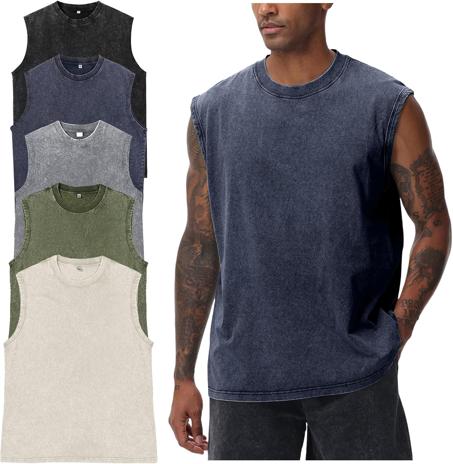 Yimoon Mens Tank Tops Workout Sleeveless Shirts Cotton Acid Wash Tees Loose Gym Muscle Shirts