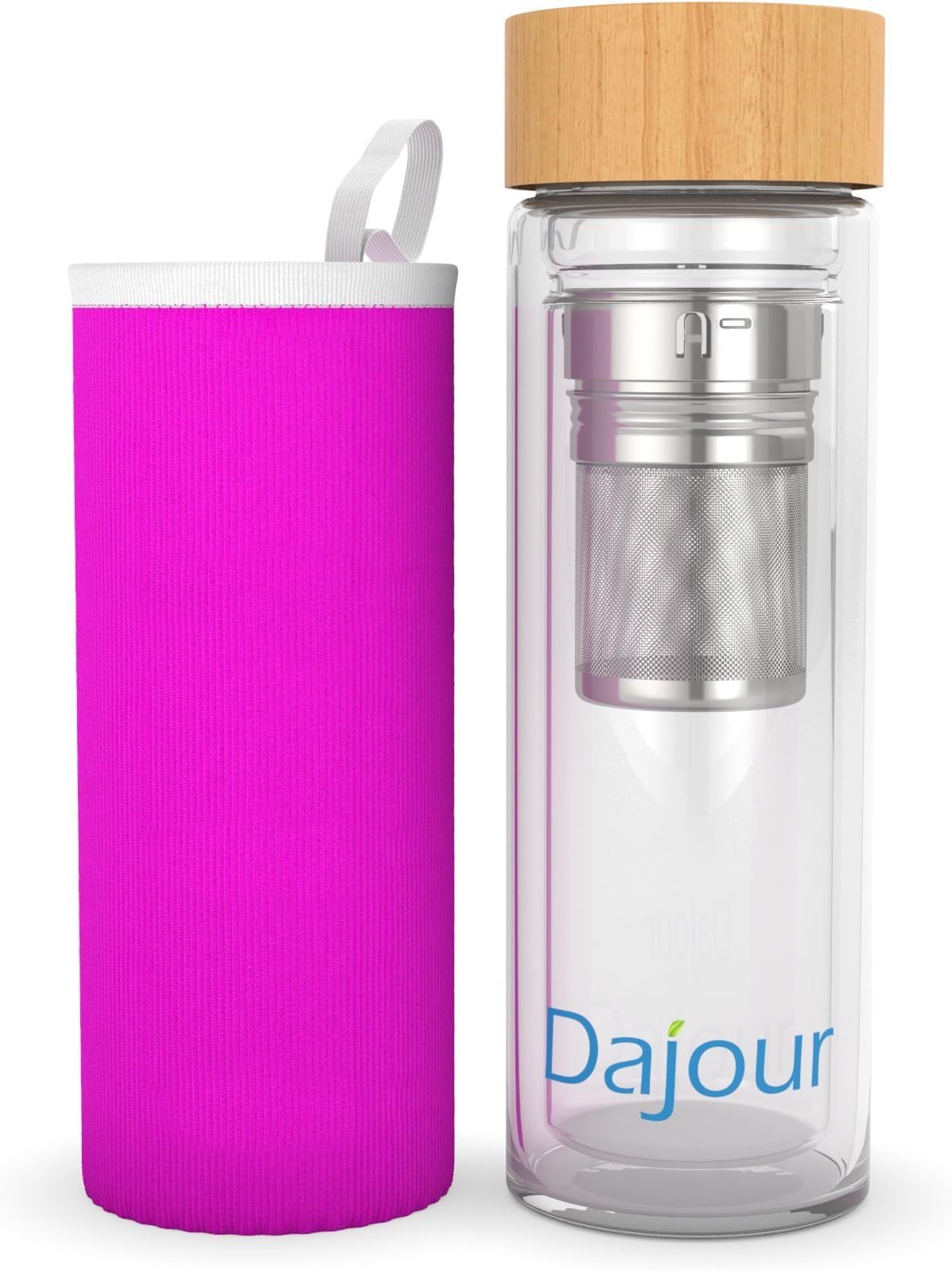 Tea Fruit Infuser Water Bottle Glass Tumbler with Bamboo Lid, with Stainless Steel Loose Leaf Strainer, and Neoprene Sleeve. Perfect for Fruit! (Pink, 1 Pack)
