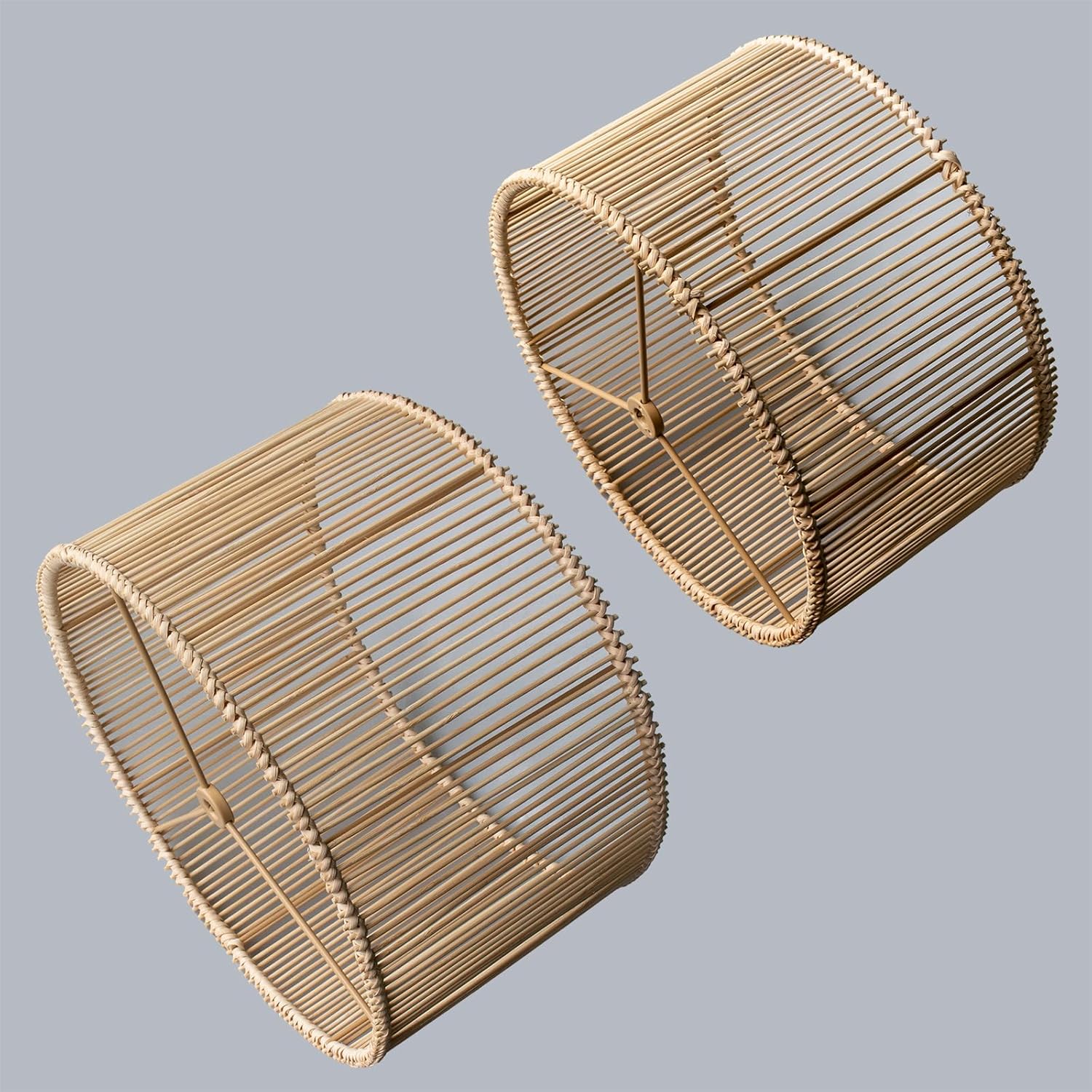 Boho Rattan Drum Lamp Shades Set of 2, Woven Bamboo Table and Bedside Lamp Shades(Spider Fitter), Easy Assembly