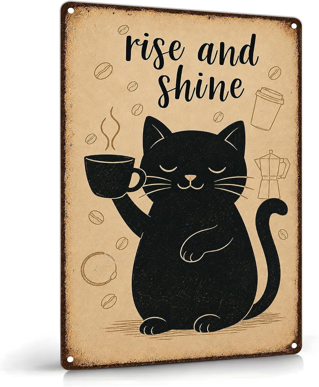 Cat Coffee Metal Sign, "Rise and Shine" Black Cat Wall Decor, Retro Vintage Aluminum Plaque for Kitchen Coffee Bar Cafe Office, Pet Lover Gift, 8x12 Inch.