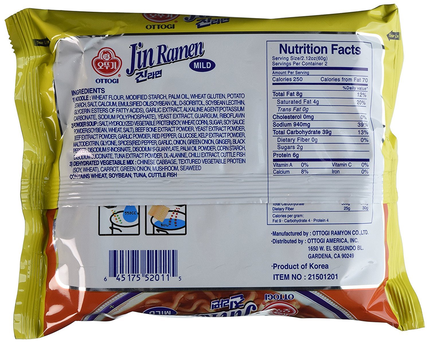 Ottogi Jin Ramen Fideos Picante Caliente Leve Pack de 5