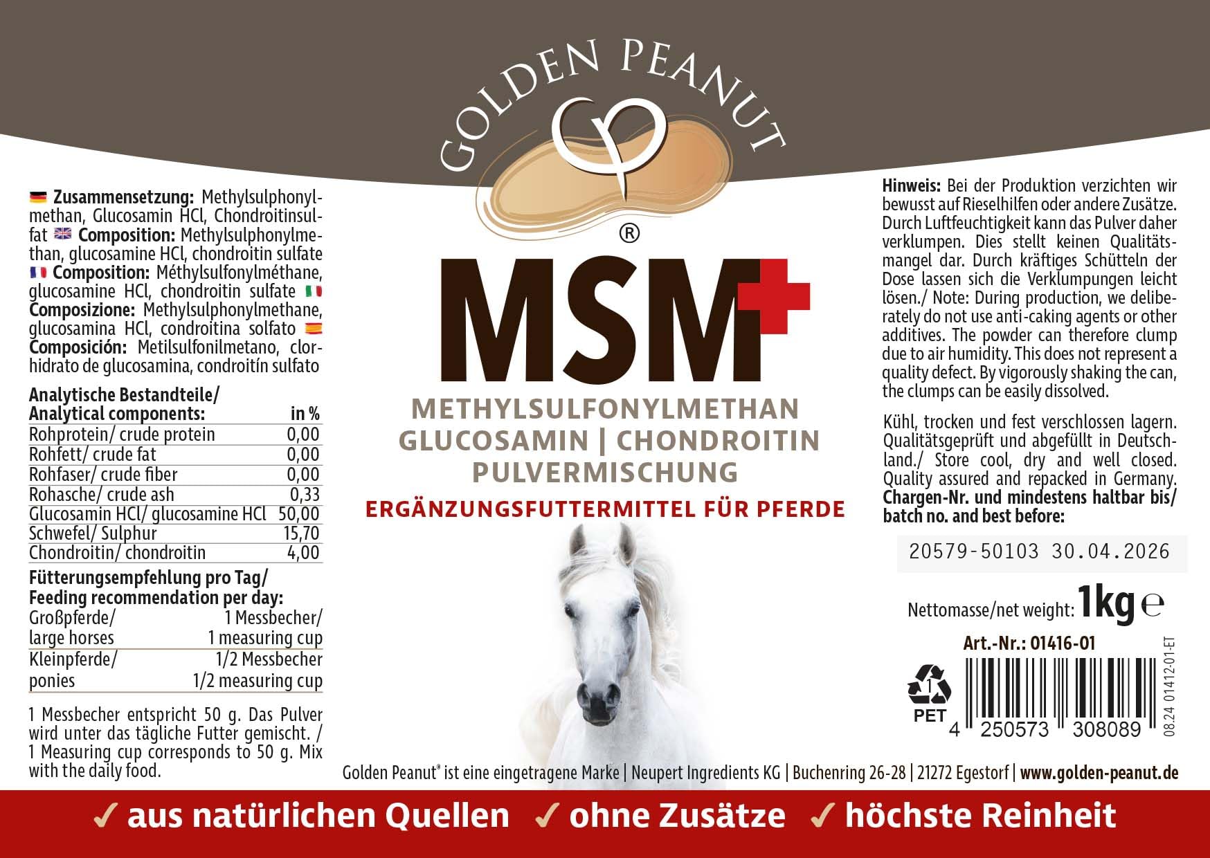 GOLDEN PEANUT MSM Glucosamina Condroitina Polvo 1 kg para caballos, combinación ideal, alta biodisponibilidad