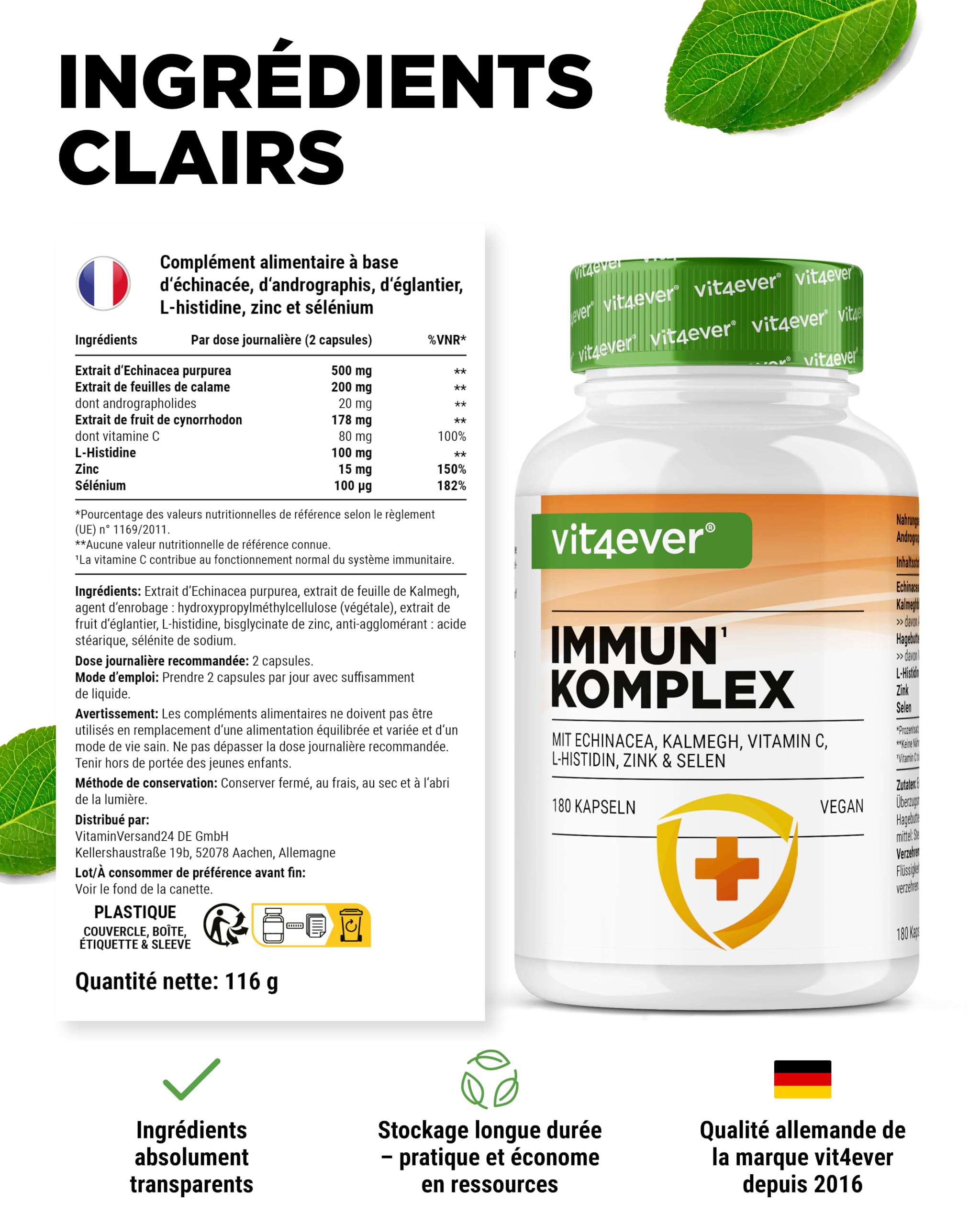 Complexe Immunitaire à Forte Dose - 180 gélules pour 90 jours - 500 mg d'Échinacée, de Kalmegh, d'Églantier, de Vitamine C, de L-Histidine, de Zinc et de Sélénium - Vegan, sans additifs inutiles