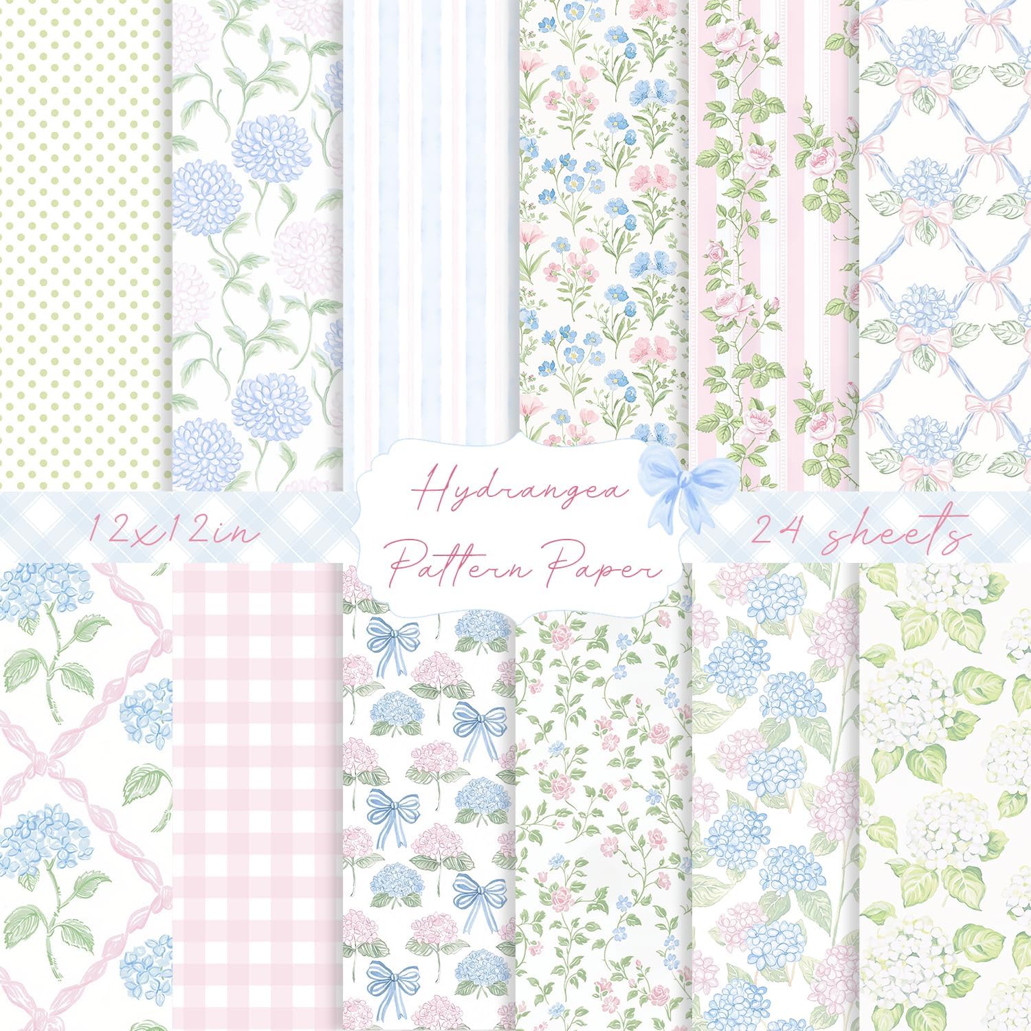 24 Sheets Hydrangea Floral Pattern Paper - 12 x 12In, Double-Sided Scrapbook Craft Designs, Vintage Blue Pink Flower Bow Decorative Sheets for Card Making Photo Album Journal DIY Crafts