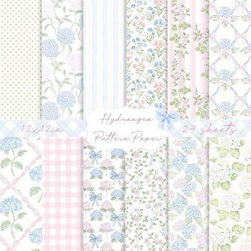 24 Sheets Hydrangea Floral Pattern Paper - 12 x 12In, Double-Sided Scrapbook Craft Designs, Vintage Blue Pink Flower Bow Decorative Sheets for Card Making Photo Album Journal DIY Crafts