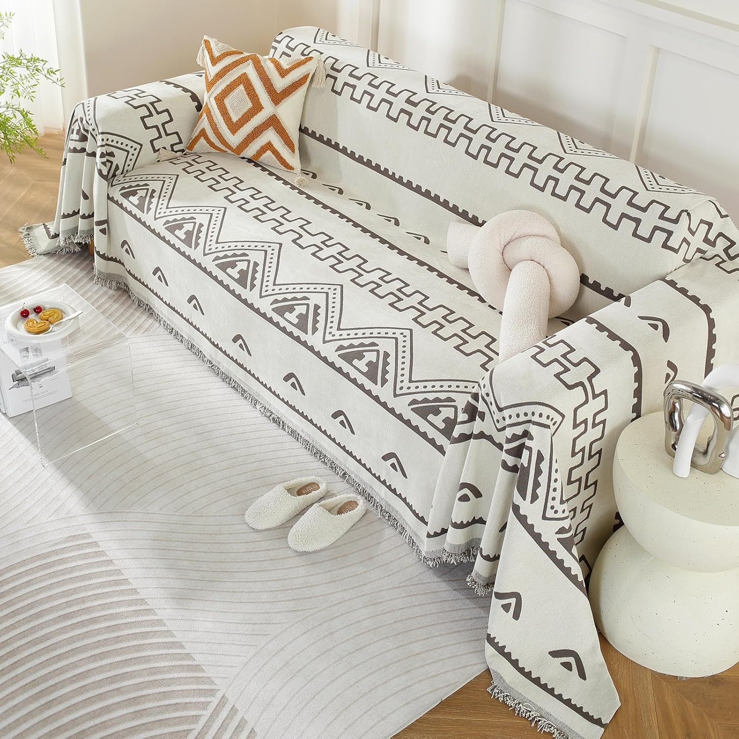 DREAMINGO Coffee Boho Couch Cover for 3 Cushion Couch Sofa