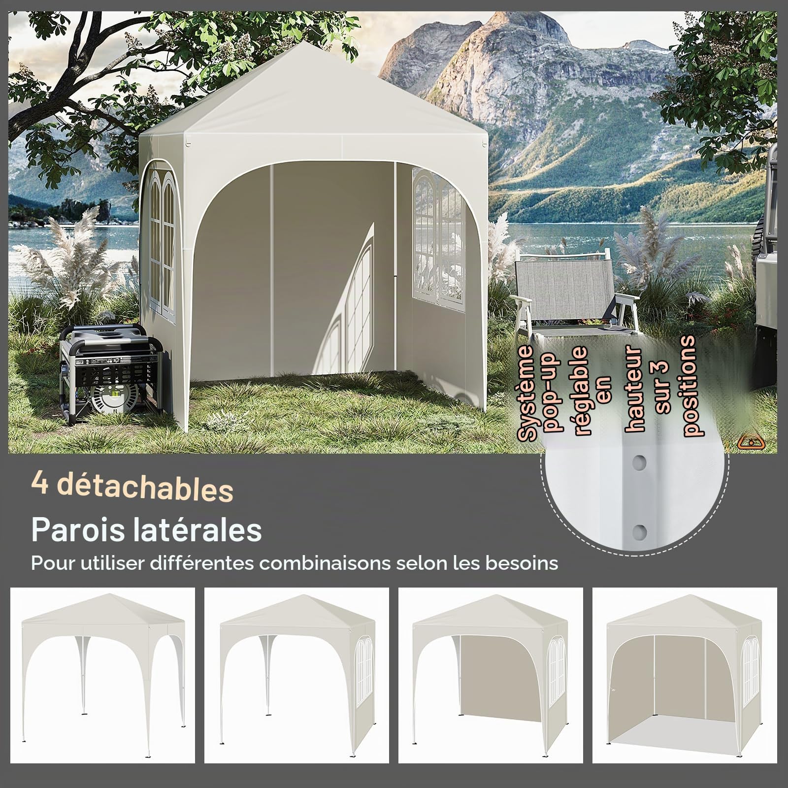 WOLTU Tonnelle Pliable 2x2m Pavillon avec 4 parois avec Sacs de Sable Beige