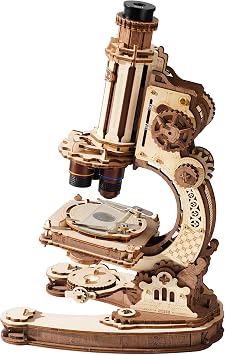 ROKR Wooden 3D Puzzle Building Kit, Real Optical Microscope with 40X-400X Magnification, STEM Science Toy for Students and AdultsST005