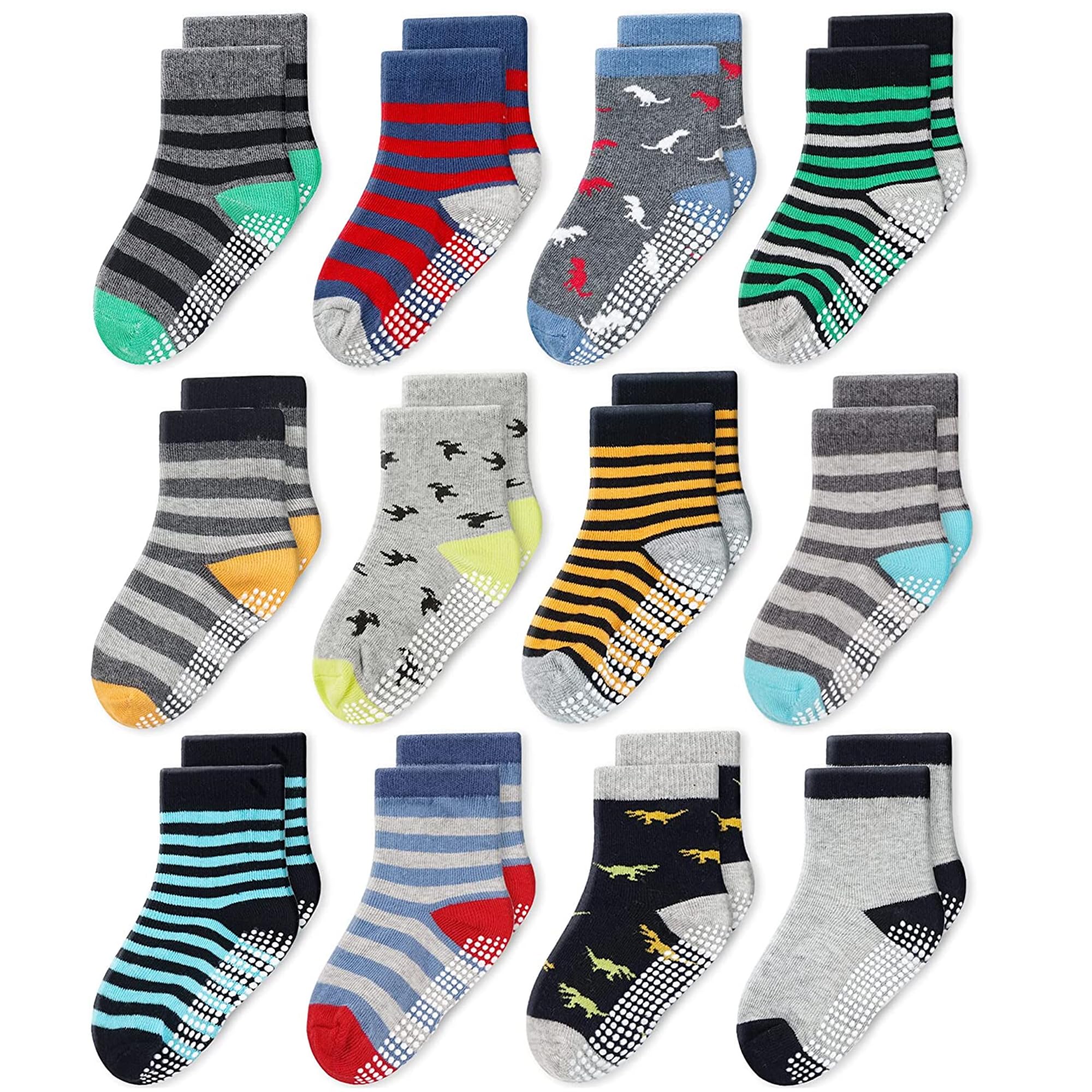 CozyWay Baby & Toddler Socks With Grippers Non Slip Crew Grip Socks for Girls and Boys Soft Comfy Cotton - 12 Pack
