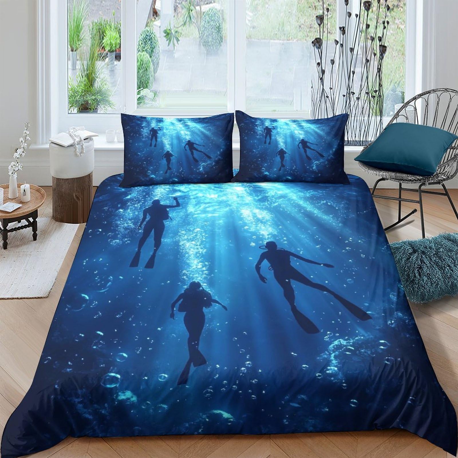 Ctjqhvkz Style-2 3D Printed Underwater Diver Fitted Sheet Microfiber Soft Blue Ocean Mattress Cover For Bedroom Dorm Room Decor Single（135X200cm）