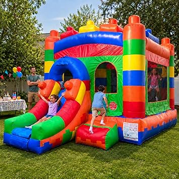 Crossover Inflatable Bounce House with Slide with Blower 18 x 12 x 14.5 Foot Building Block Bouncy House Combo Waterslide with Basketball Hoop, Water Misting System, Stakes and Storage Bag