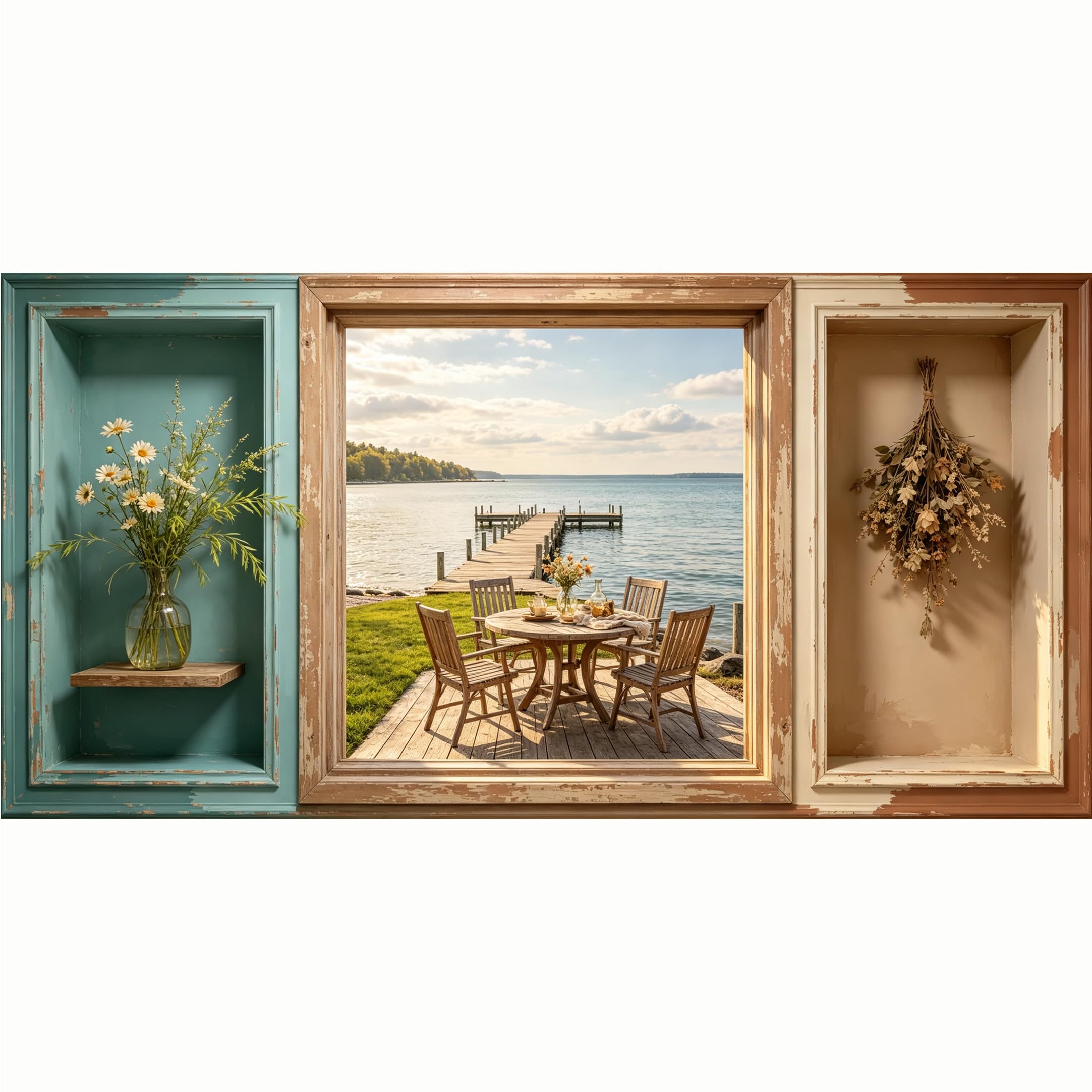QZLITHOTIC 50x100cm 3D Framed Wall Art， Lake Pier Scenery Farmhouse Vintage Style Self‑Adhesive Mural， Water‑Activated Peel & Stick Fabric Decor Wall Decal for Bedroom Living Room
