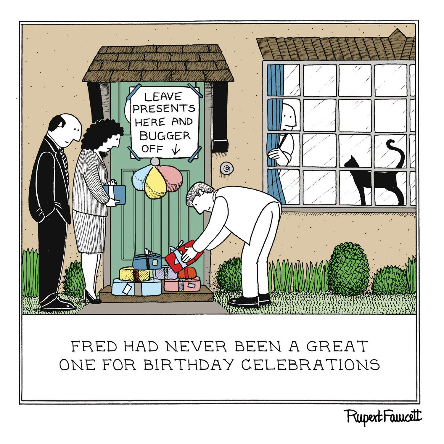 Doorstep Presents - Introvert Birthday Stay Home - Funny Humorous Blank Greeting Card - Fred by Rupert Fawcett