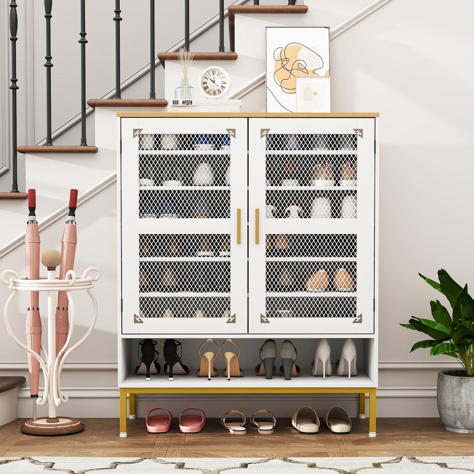 GOPLUS Meuble à Chaussures Entrée 28-30 Paires, Armoire à Chaussures Réglables 6 Niveaux avec Portes en Maille et Amovibles, Pieds en Métal,Entrée et Salon,80 x 37 x 106 cm (Blanc)