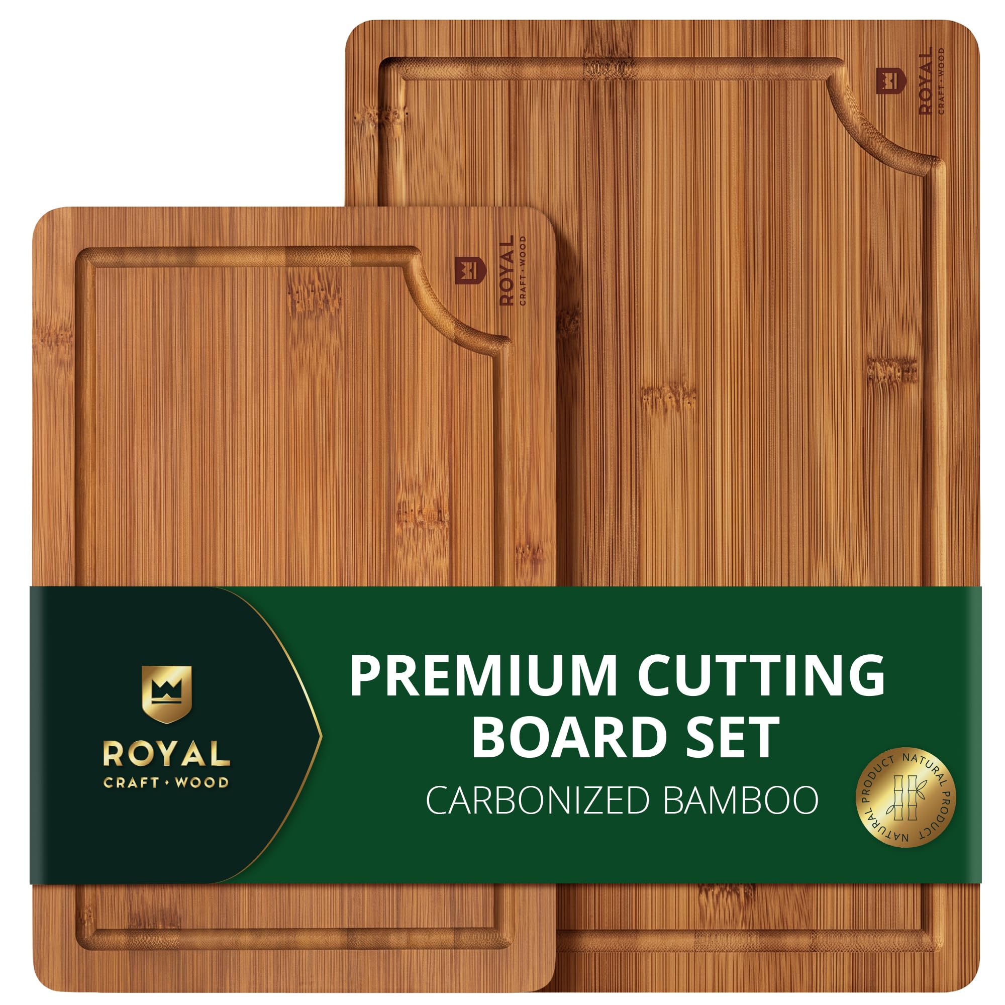 ROYAL CRAFT WOOD Wooden Cutting Boards for Kitchen Meal Prep & Serving - Bamboo Non Toxic Cutting Board Set with Deep Juice Groove Side Handles - Charcuterie & Chopping Butcher Block for Meat (2 Pcs)
