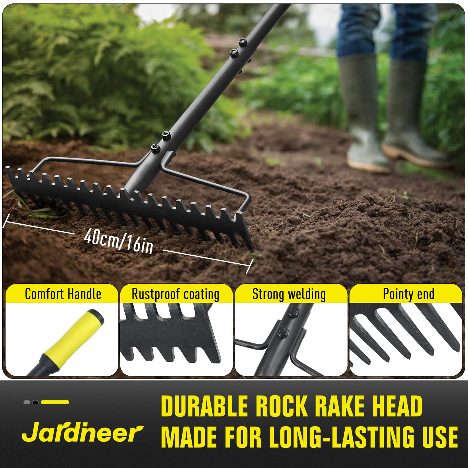 Jardineer Rastrello ad arco resistente, con manico lungo, in metallo, per ghiaia, rocce, foglie di prato, livellamento del terreno, paesaggistica, rastrello da giardino con 18 denti in acciaio (150 cm