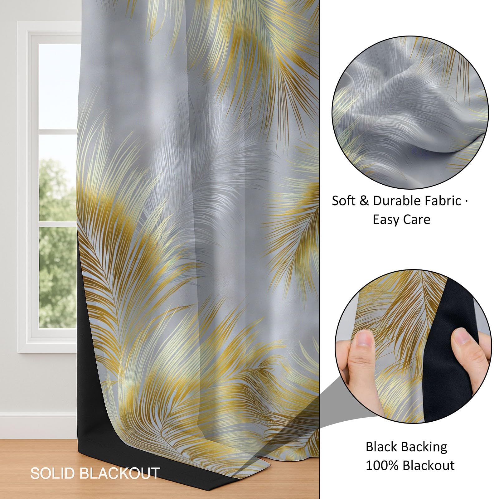 Blickdichte Vorhänge mit Ösen Palmenblätter mit grauem Marmor, Thermovorhang 2er Set 215 x 110 cm Verdunklungsvorhänge mit Kälte - Schallschutz für Wohnzimmer Schlafzimmer, Gardinen