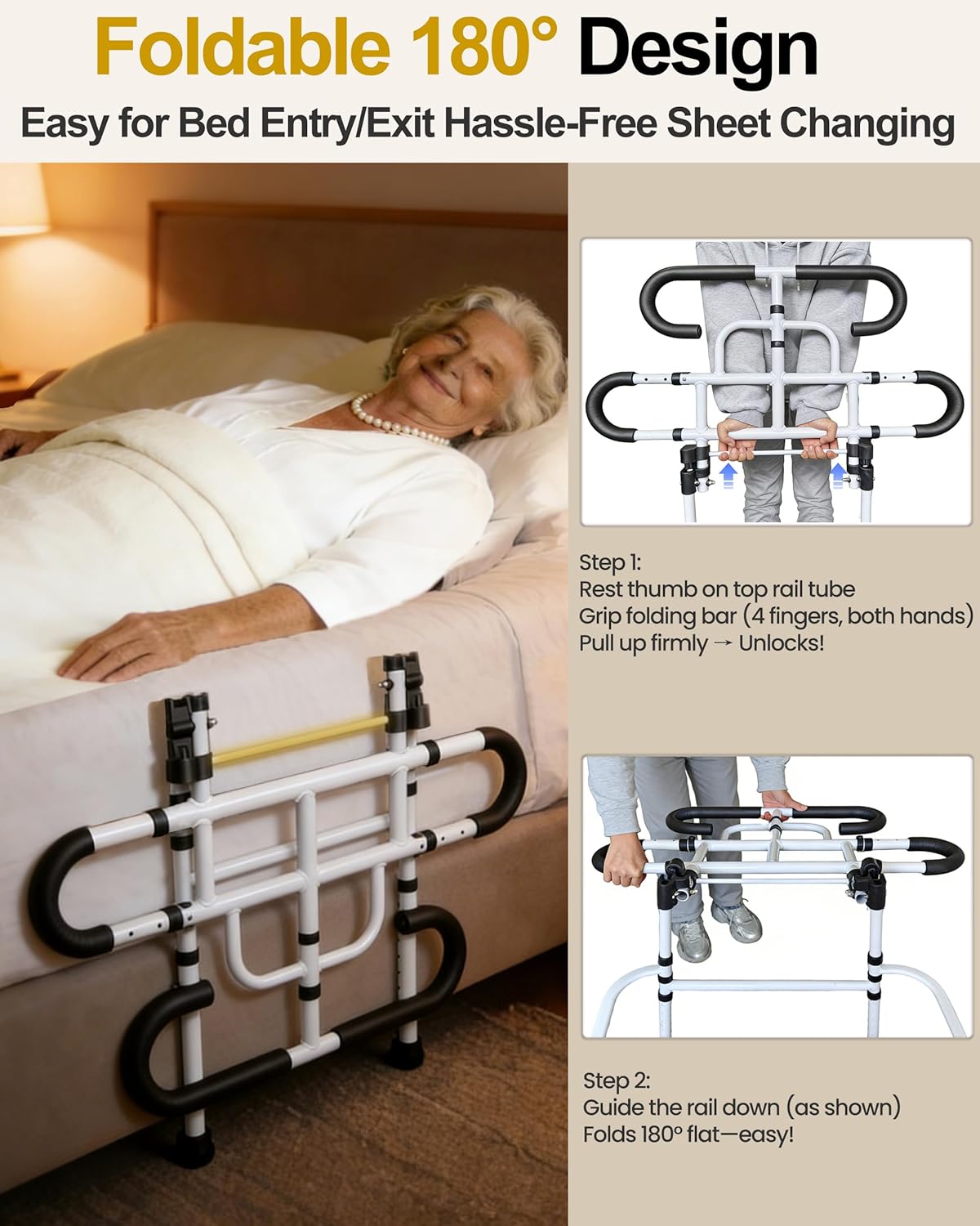 Aliseniors Bed Rails for Elderly Adults Safety - ASTM Certified Bed Assist Grab Bar for Seniors with Adjustable Legs, 300lb Foldable Bedside Dual-Tier Handle - Fits King Queen Twin for Fall Prevention