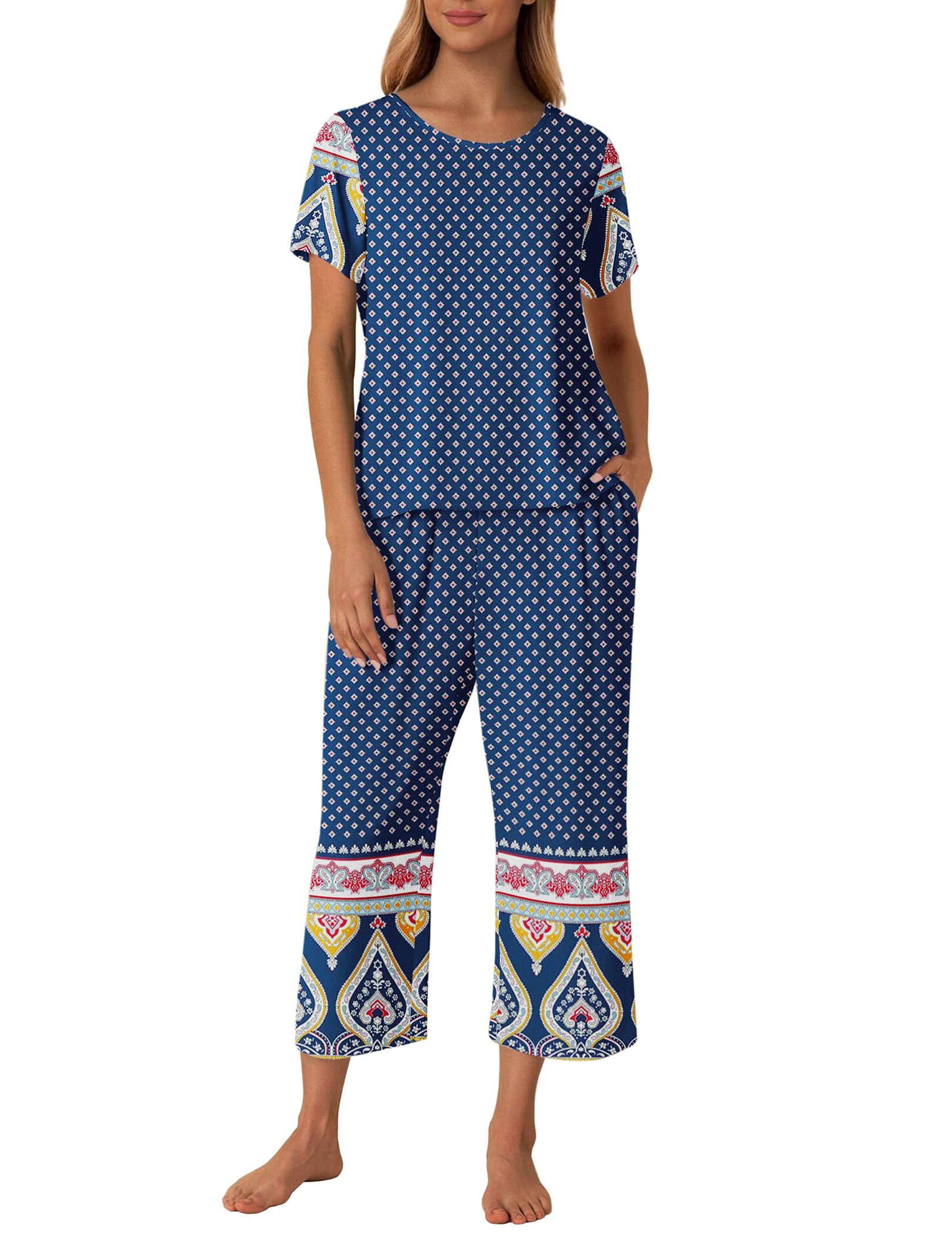 Ekouaer Women's Two Piece Lounge Set Short Sleeve Shirt and Capri Pants Mumu Pajama with Pockets Loungewear Pjs Sets