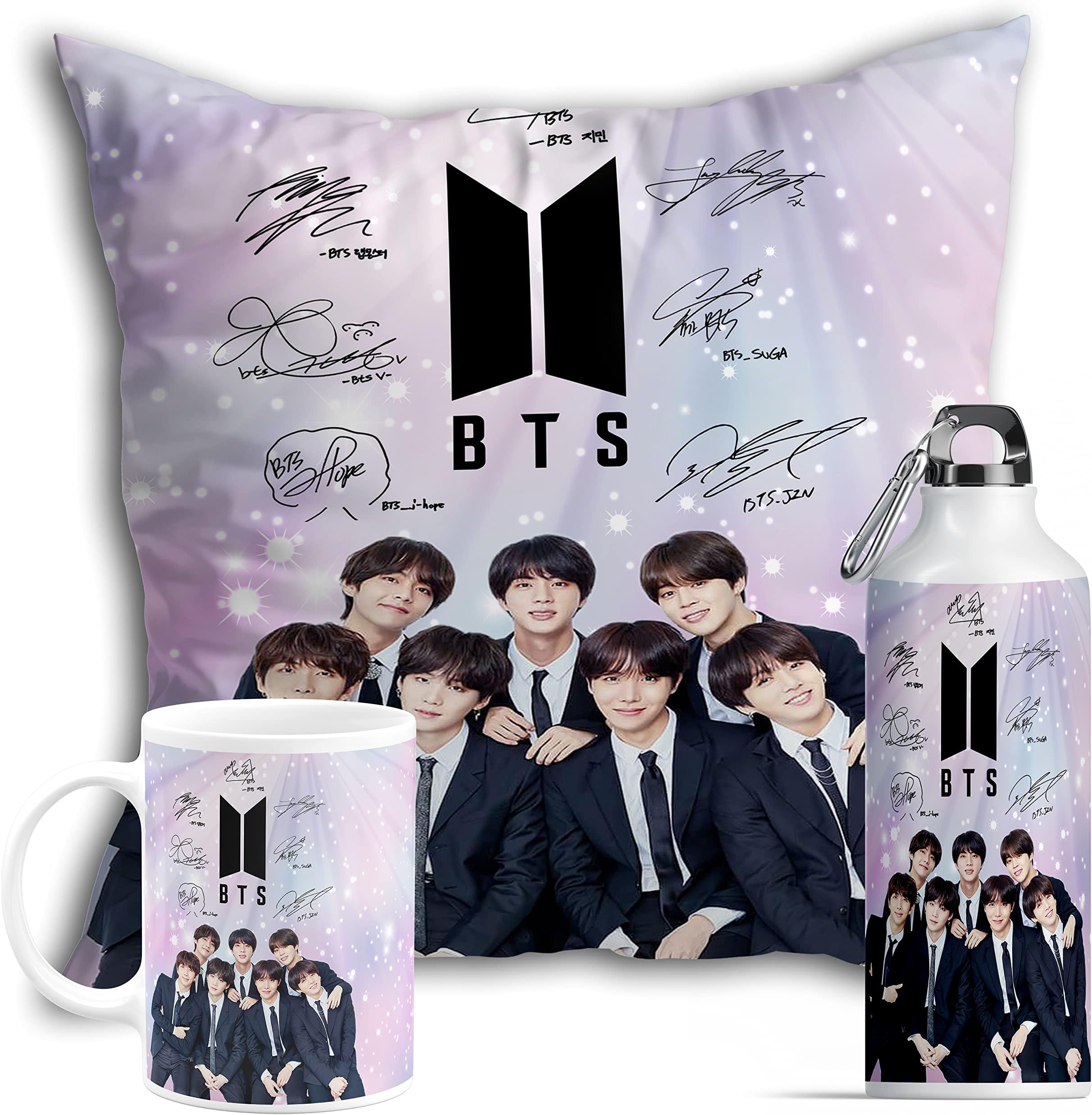Trendoprint Printed Ceramic Coffee Mug (350-Ml), Sipper Bottle (600Ml) & Cushion Cover With Filler (12X12 Inch) (Pmc-01) - Microfibre