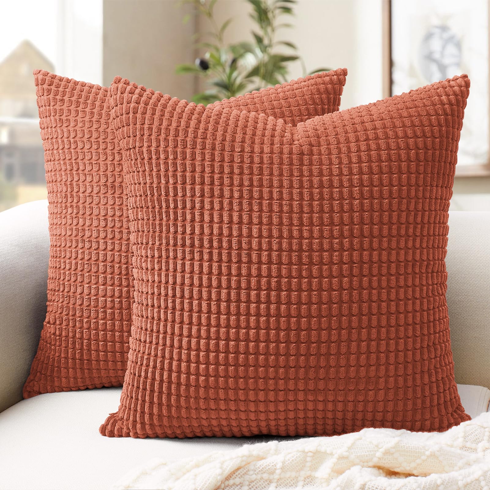 Housse de coussin d'automne orange brûlé velours côtelé rayures bohème salon