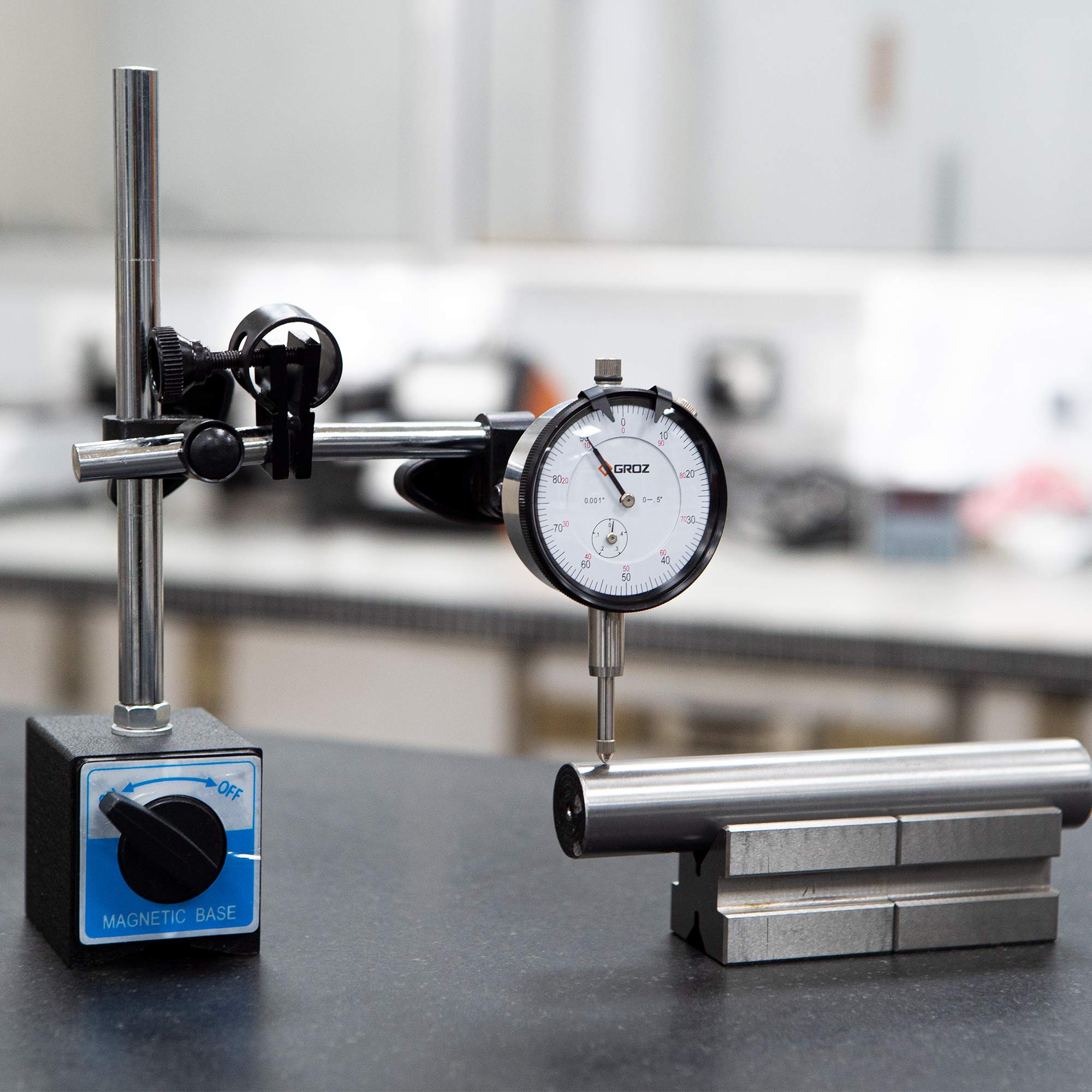 Groz Analog Dial Indicator with Lug-on Center Back | Range: 1/2 inch | Stem Diameter: 3/8 in | DLG/1-2 4