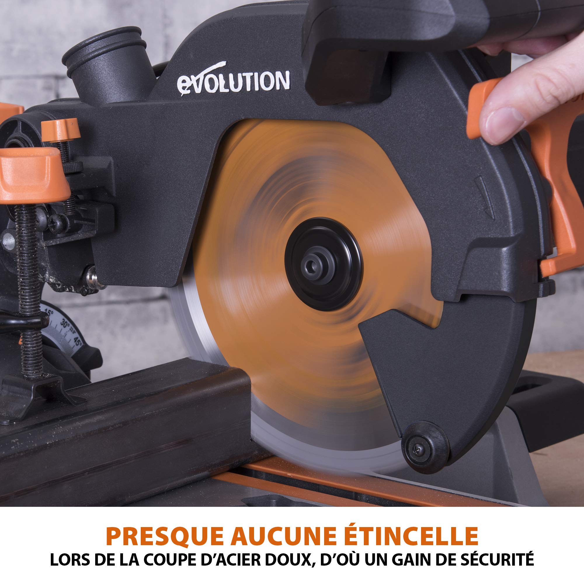 Evolution Power Tools Scie à Onglet Coulissante R210SMS+ 210mm, 0-45° Biseau, 50-50° Onglet, Coupe Multi-Matériaux