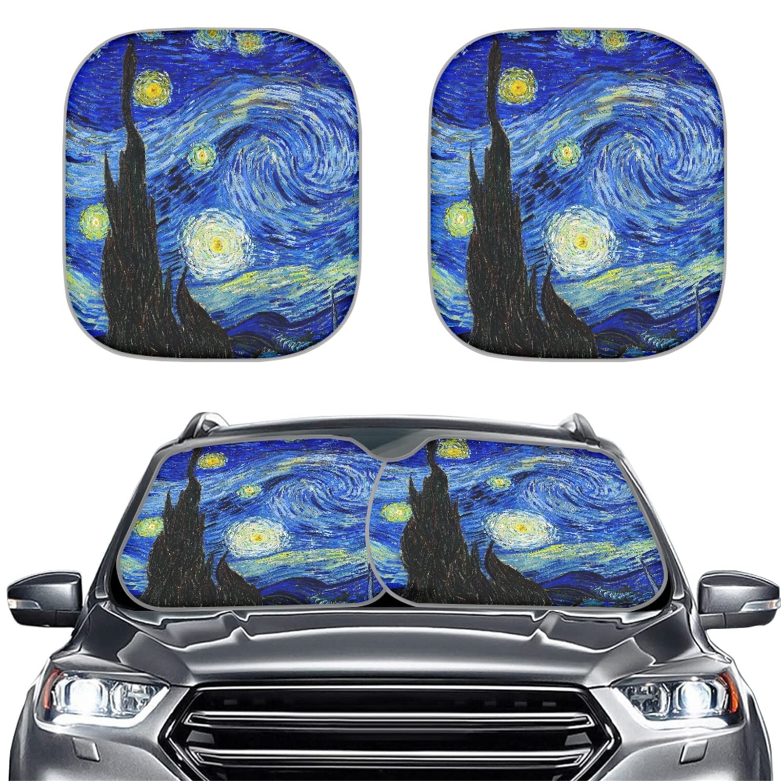 DISNIMO Windshield Sun Shade-Van Gogh Starry Sky Design- Blocks UV Rays Sun Visor Protector Sunshade to Keep Your Vehicle Cool and Damage Set of 2