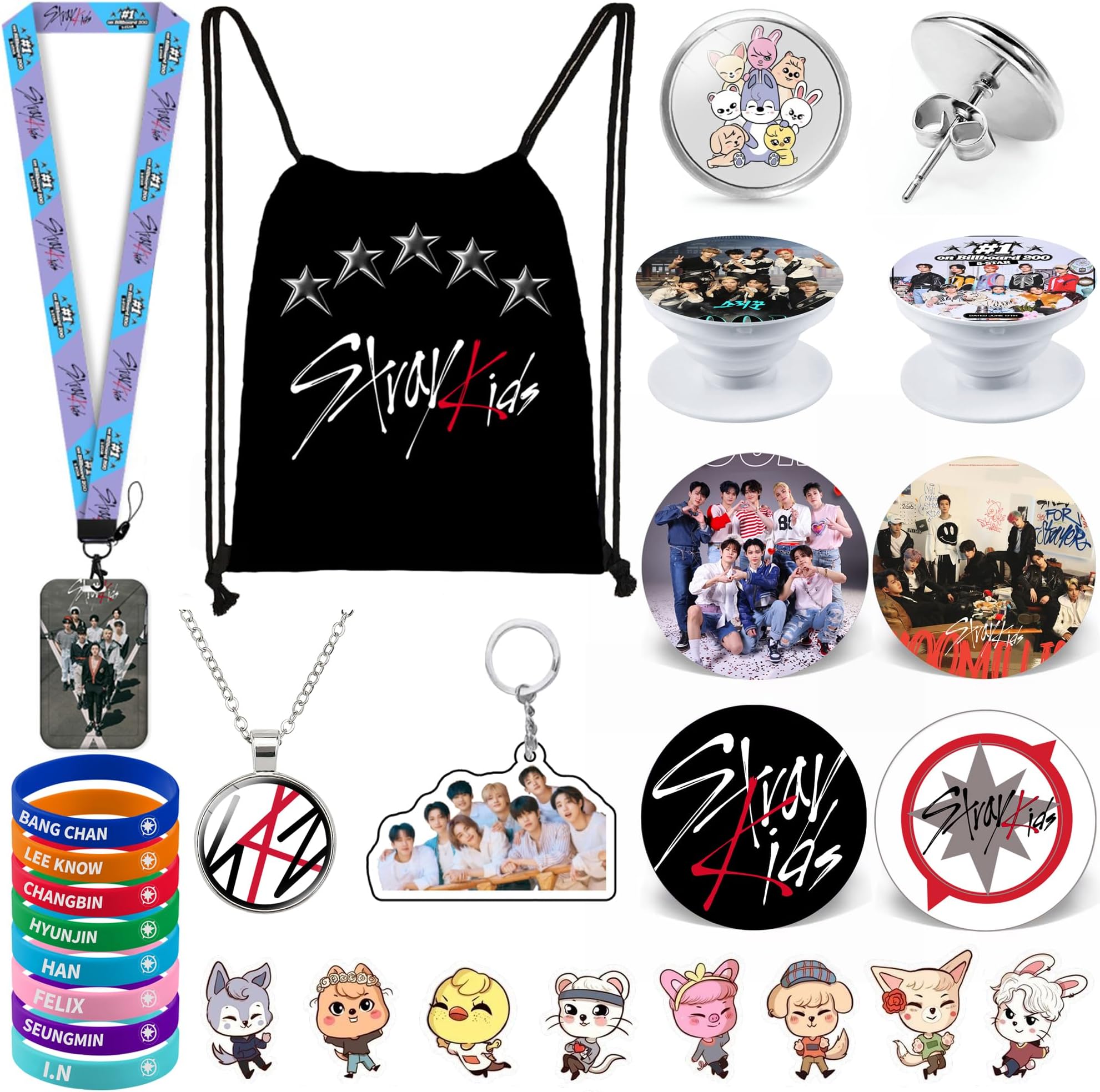 Kpop Stray Children's Gift Set, Drawstring Bag Backpack, Necklace, Earrings, Bracelet, Button Pins, Lanyard ID Holder, Keychain, Phone Ring Holder, Cartoon Badge, Zinc, Opal
