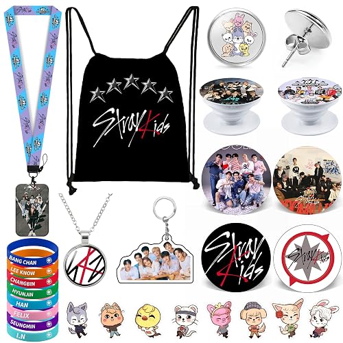 Stray Kids Gifts Set, Including Drawstring Bag Backpack, Necklace, Earrings,