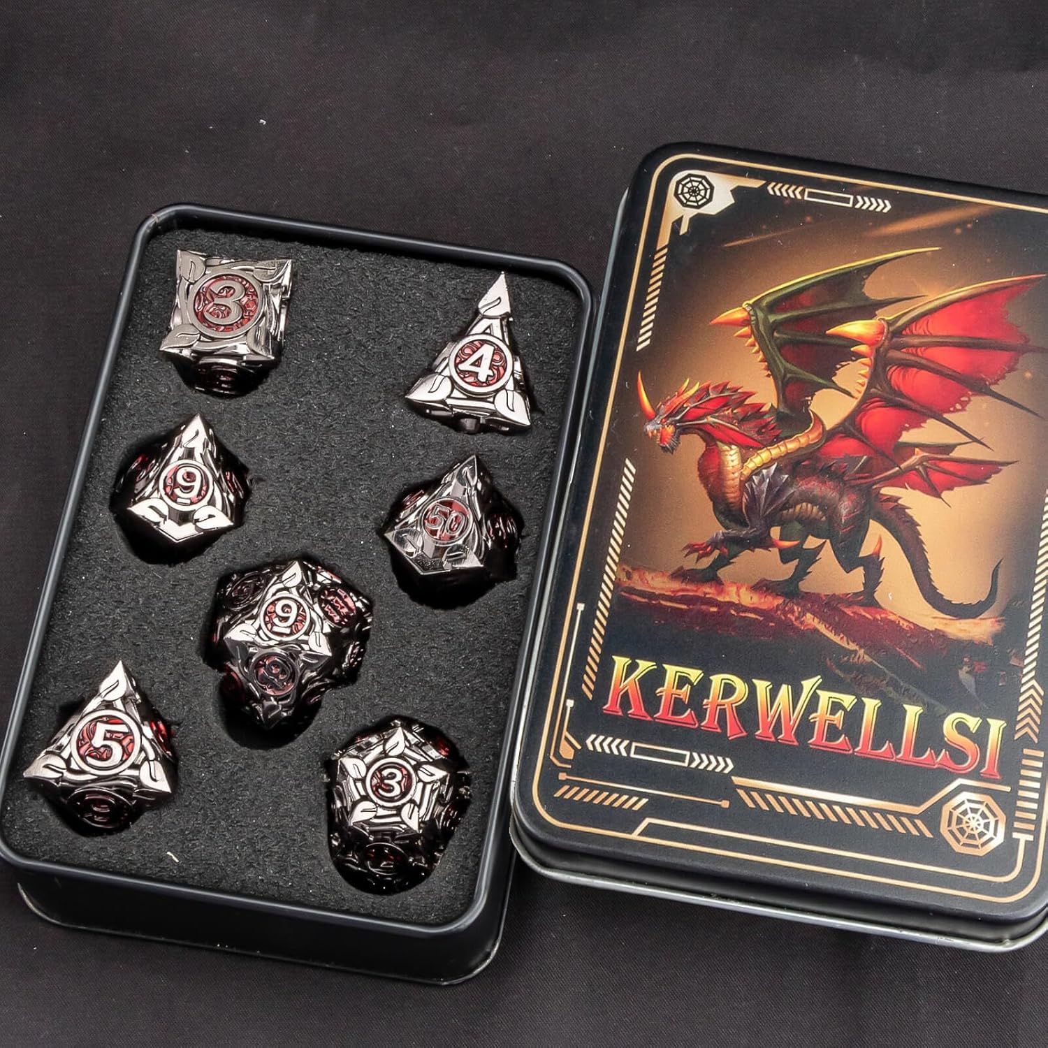KERWELLSI Metal DND Dice Set D&D, 7Pcs Nature Vines Leaf Role Playing Dice with Gift Box, Black Red Dungeons Dragons D and D Game Dice D20 D12 D10 D8 D6 D4
