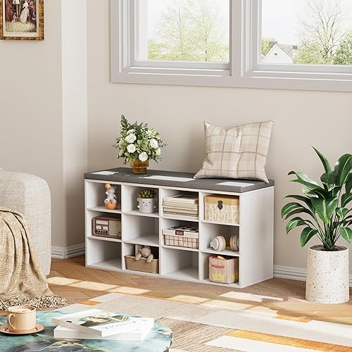 Miniatura 9 de Zapatero de 12 cubos con cojín, organizador de zapatos de madera de 3 niveles, banco organizador de zapatos multifuncional para entrada, vestíbulo,