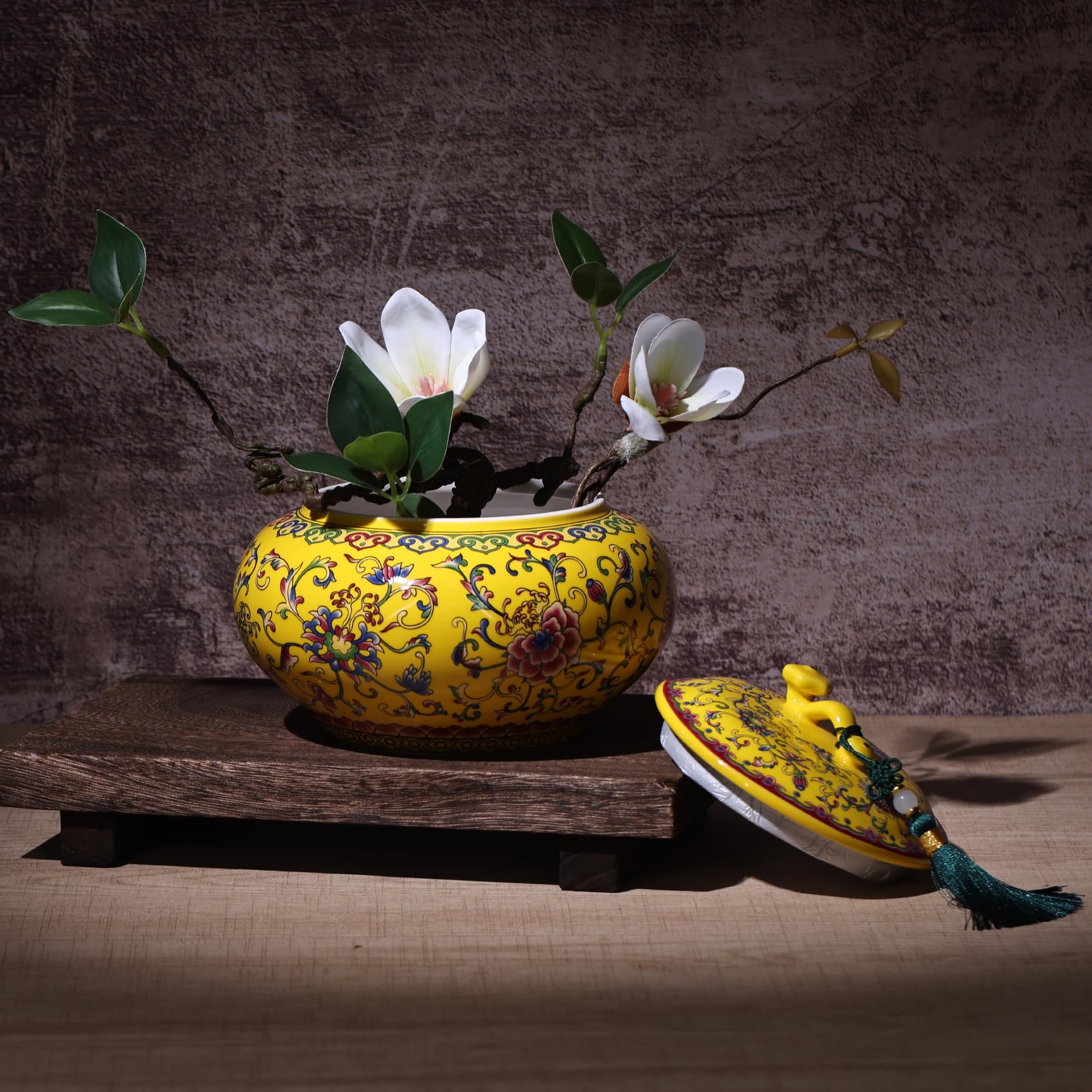 Pot à gingembre décoratif en céramique émaillée pour décoration d'intérieur – Pot de rangement en porcelaine bleu et blanc, vase à fleurs chinoiserie, récipient décoratif multifonction (jaune)