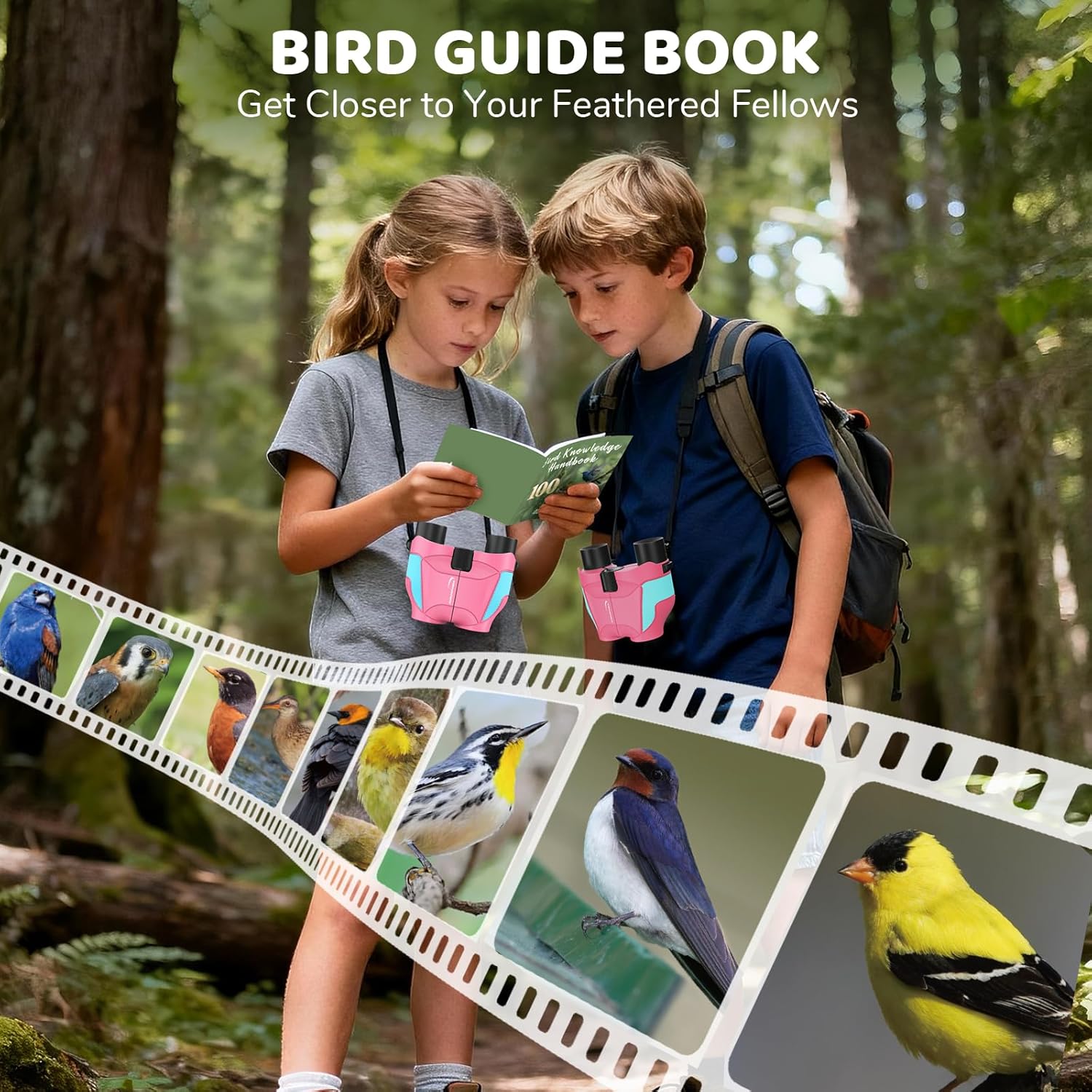 Aurosports 15x25 Compact Binoculars for Kids - Small Binoculars Lightweight with Carrying Case Birding Guide for Bird Watching Hiking Camping Travel Gift for 8-12 Years Boys Girls (Pink)