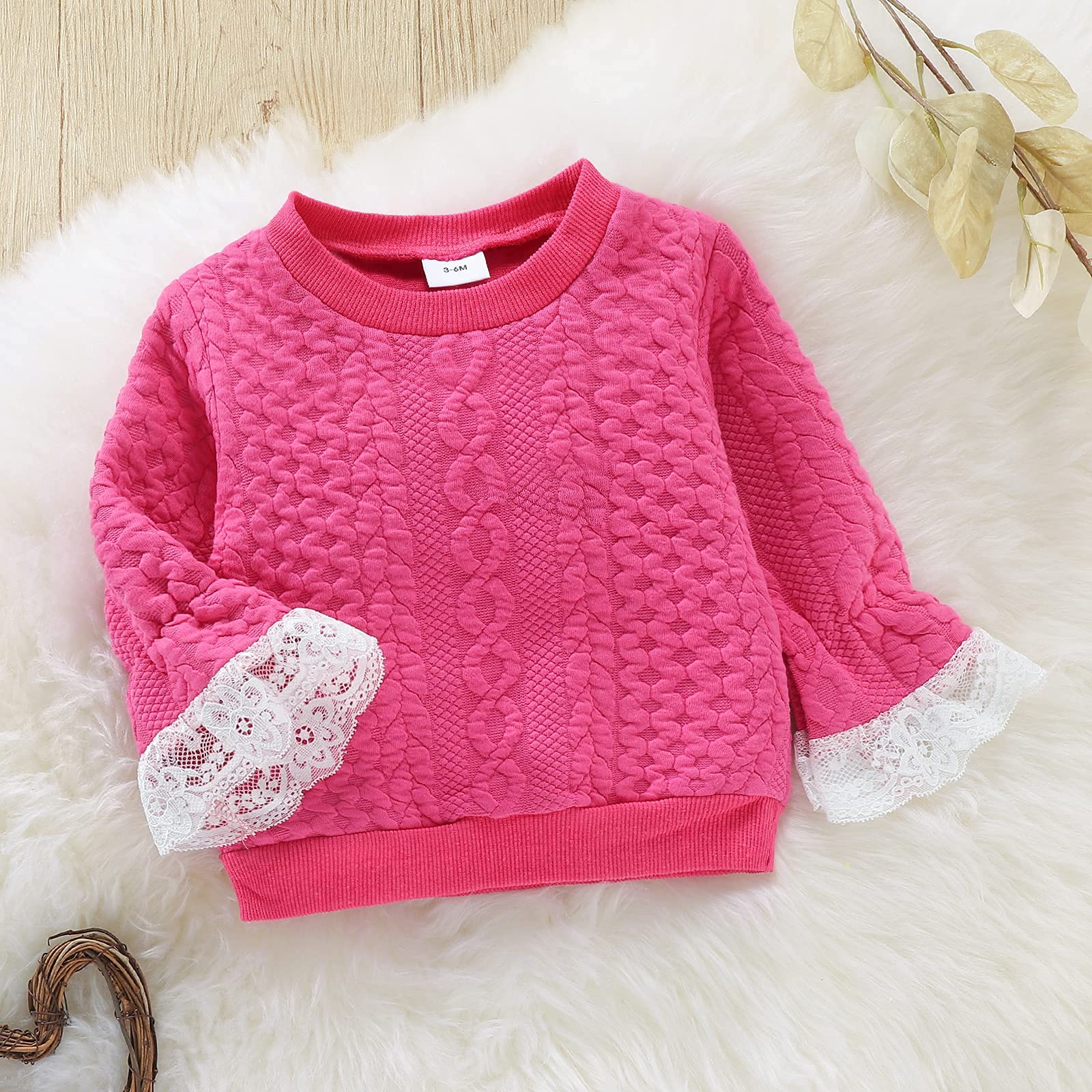 Winter 2 PCS Baby Girl Knit Clothes Long Sleeve Pullover Sweater Top + Lace Trim Buttons Skirt Oufit Set (Rose Red,12-18 Months)