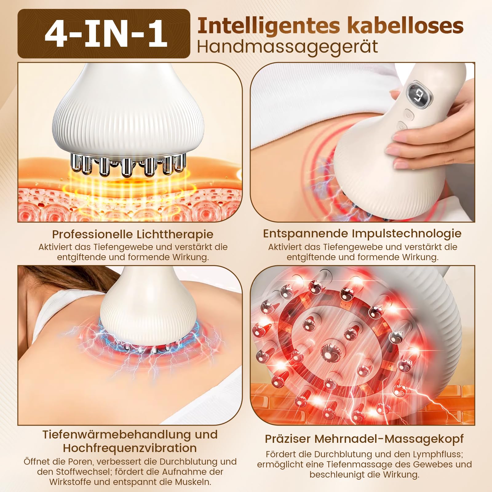 Lymphdrainage Massagegerät Anti Cellulite, 9 Stufen Anti Cellulite Geräte Massage mit Mikrostrom, Vibrieren & Wärme,Schröpf Massagegerät für für Bauch, Beine, Arme & Rücken (Weiß)